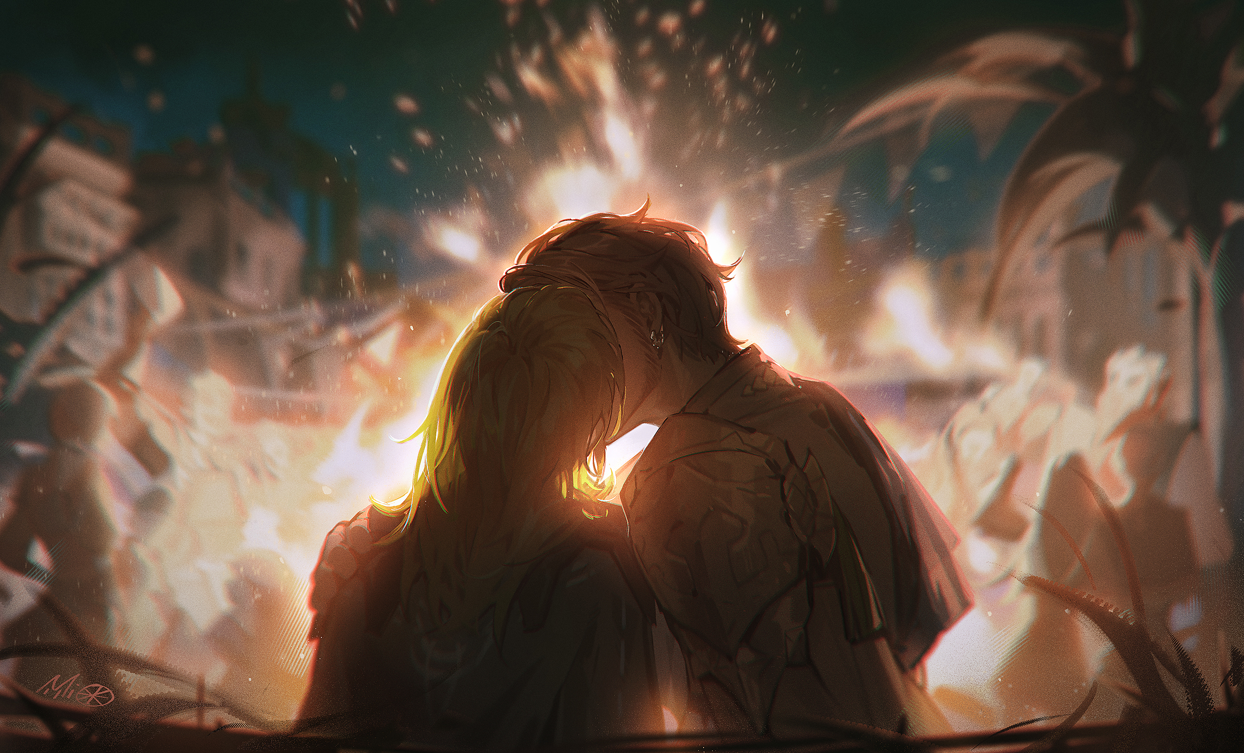 Anime Anime Girls Kissing Anime Boys Long Hair Short Hair Armor Fire Piercing Night Fire Emblem Fire 2500x1514