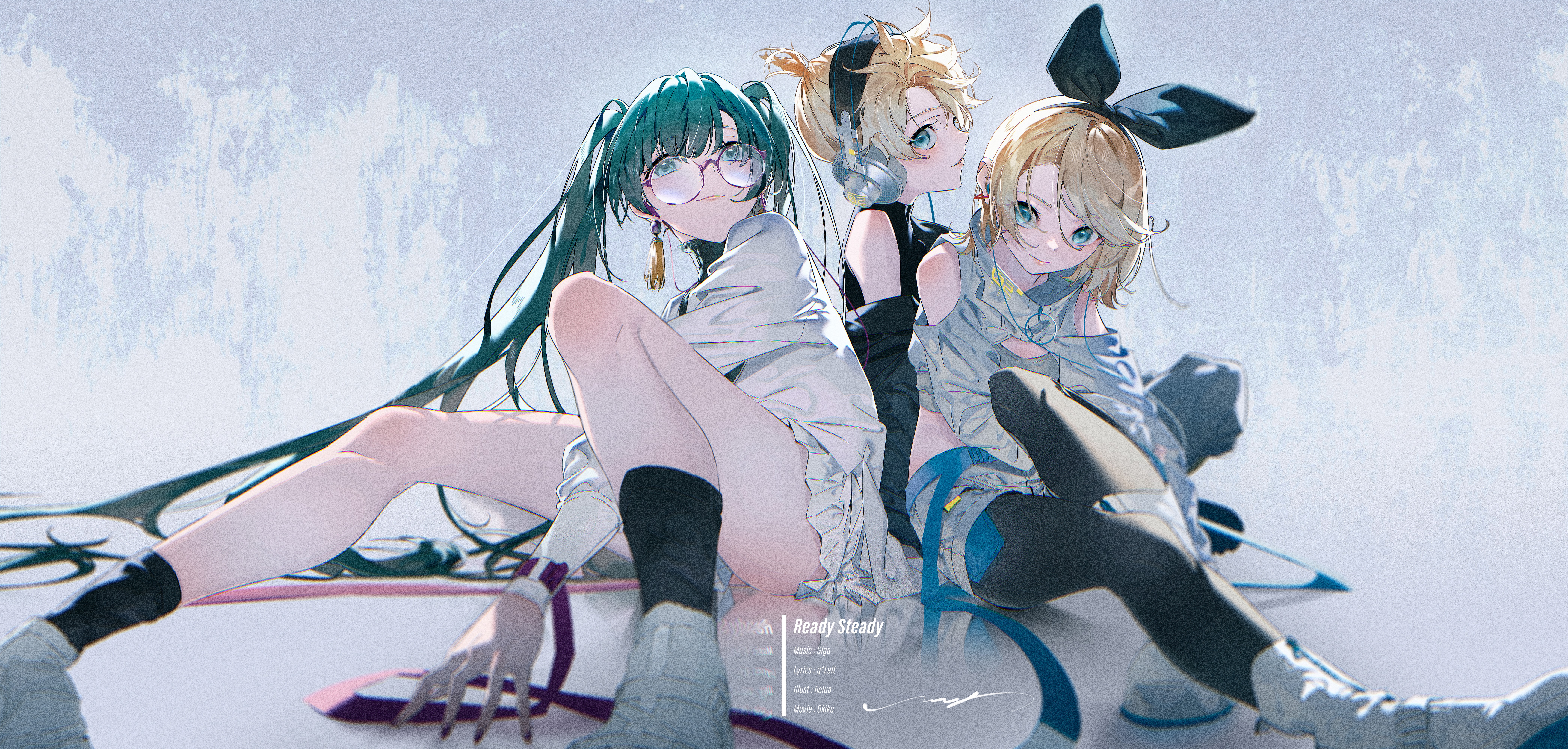 Anime Girls Rolua Noa Hatsune Miku Anime Blue Eyes Glasses Legs Sitting Women Trio Blue Hair Blonde  8370x4000
