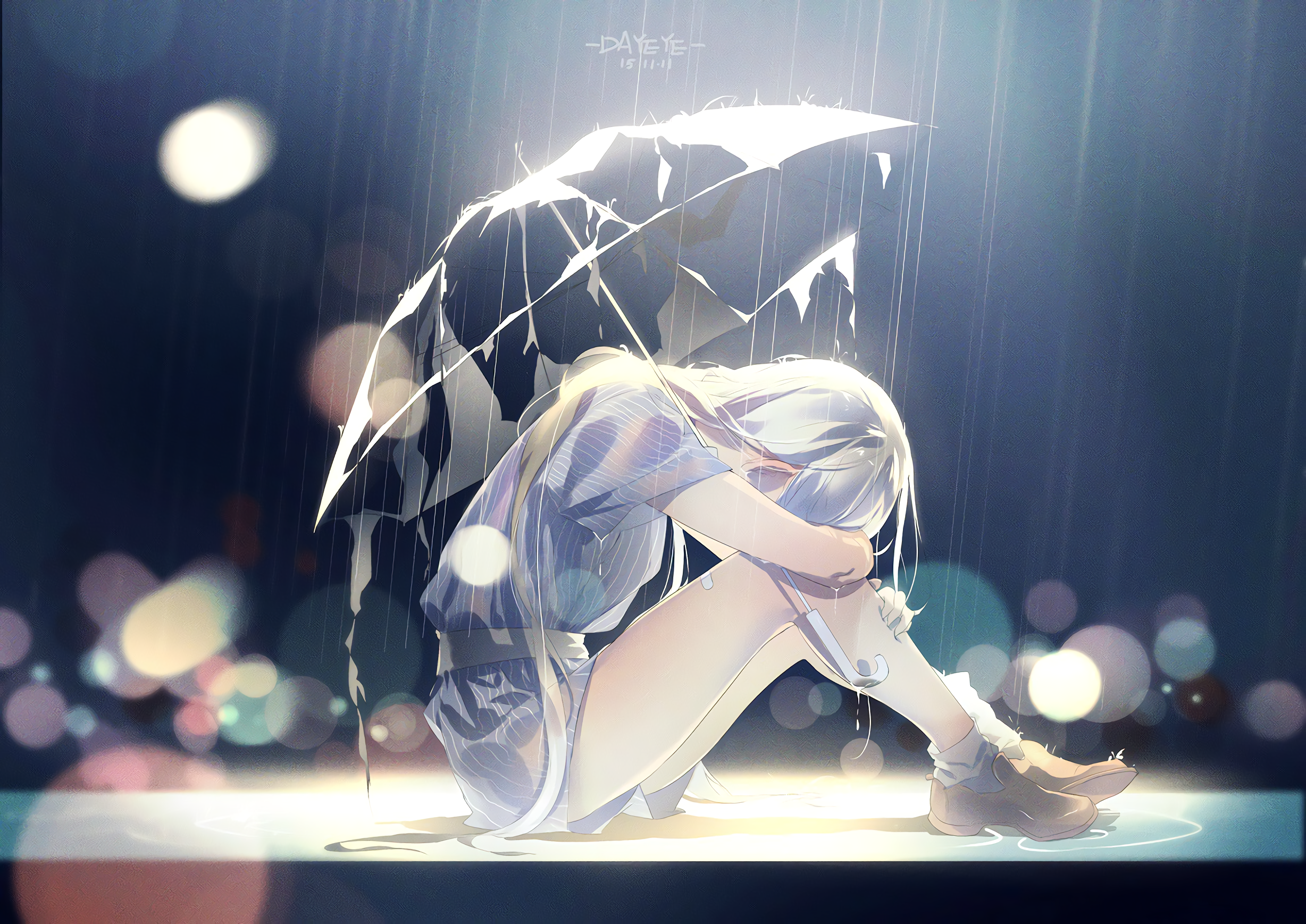 Sad Rain Crying Umbrella Anime Girls Anime White Hair Dress Dayeye Side View Depressing Legs Sitting 2456x1738