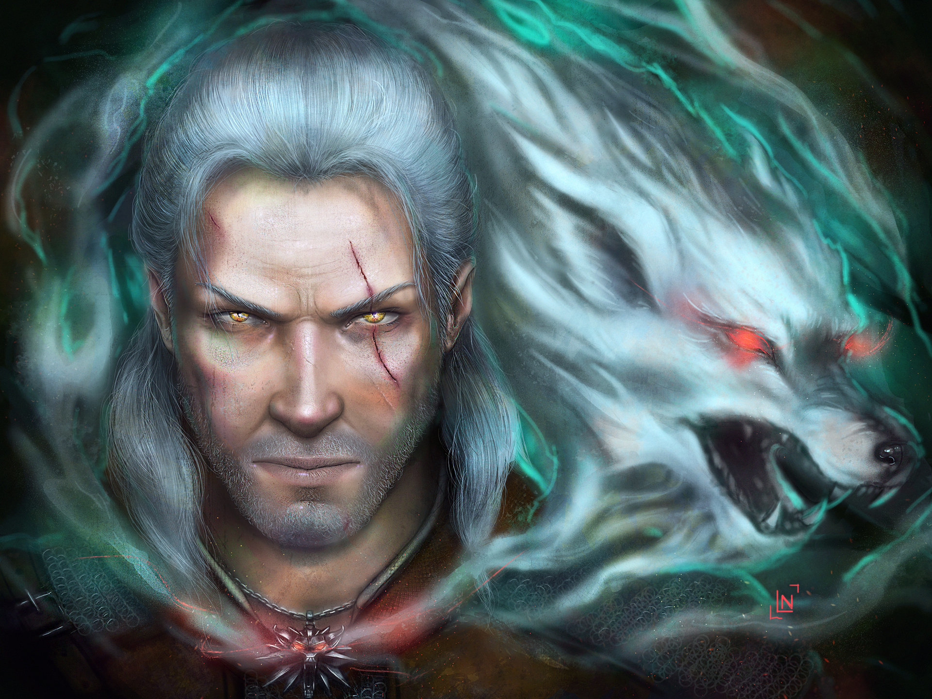Face Geralt Of Rivia Scar Spirit The Witcher Warrior White Hair Wolf Yellow Eyes 1920x1440