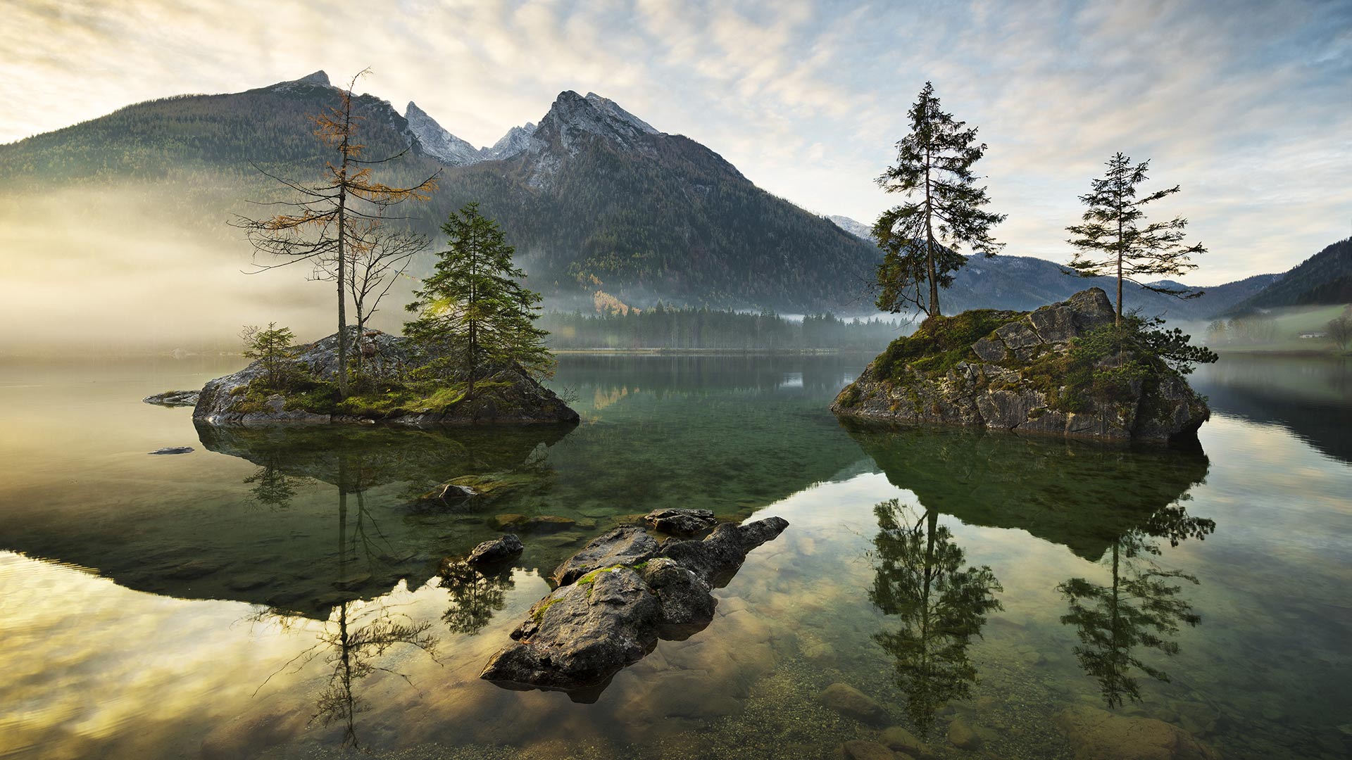 Landscape Nature Lake Clear Water Reflection Rocks Trees Mountains Mist Sky Clouds Bing 1920x1080