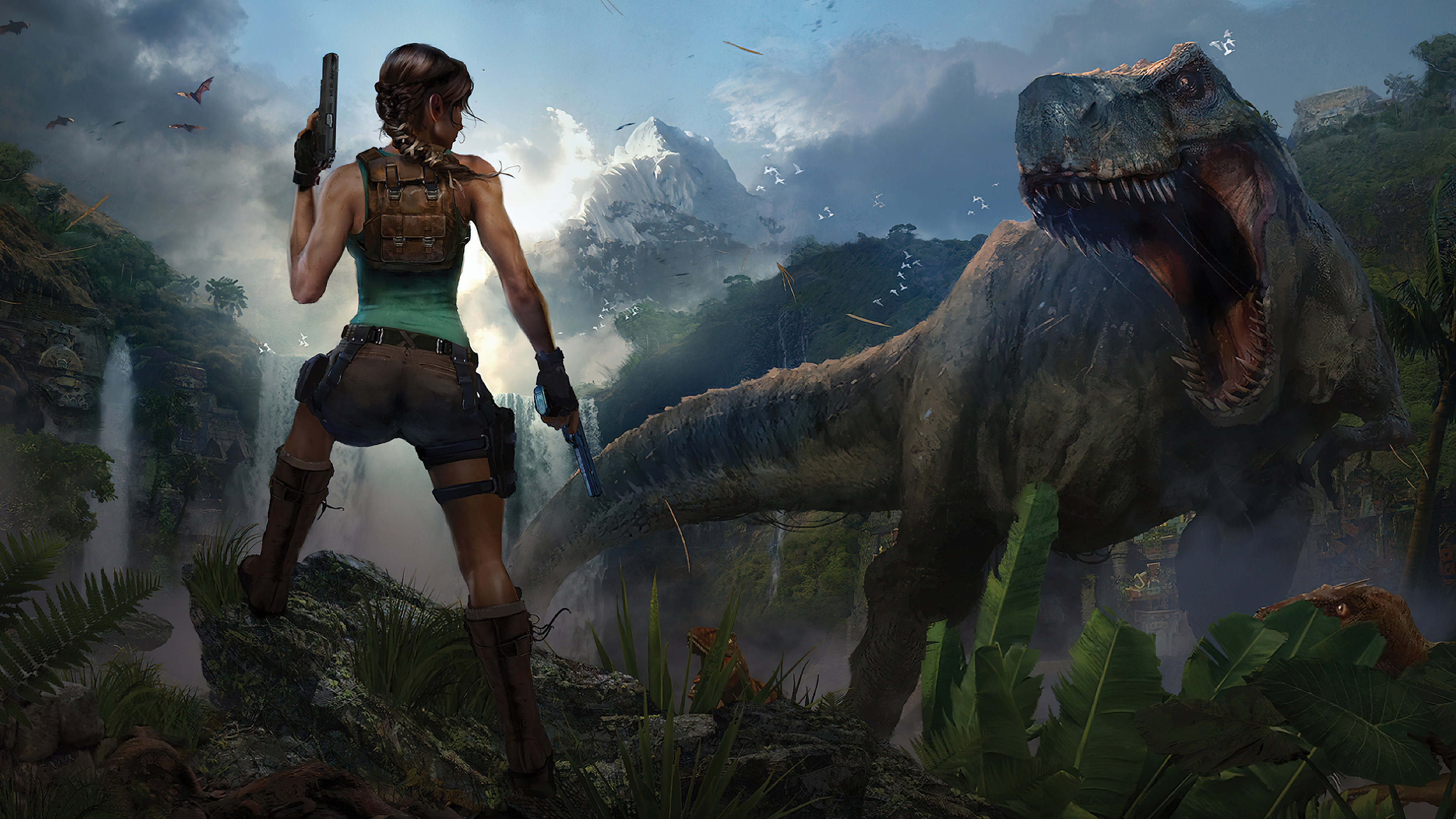Lara Croft Tomb Raider Video Games T Rex Jungle Women Video Game Characters Tank Top Braids Shorts 3840x2160