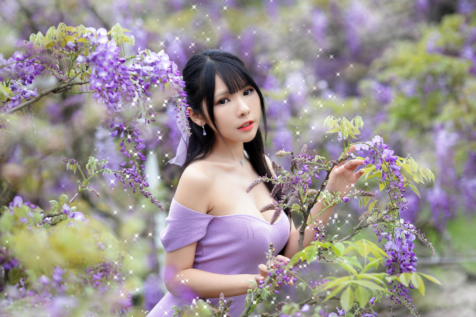 Asian Model Women Long Hair Dark Hair Vicky Violet Clothing Flowers Ponytail Earring Depth Of Field  1920x1280