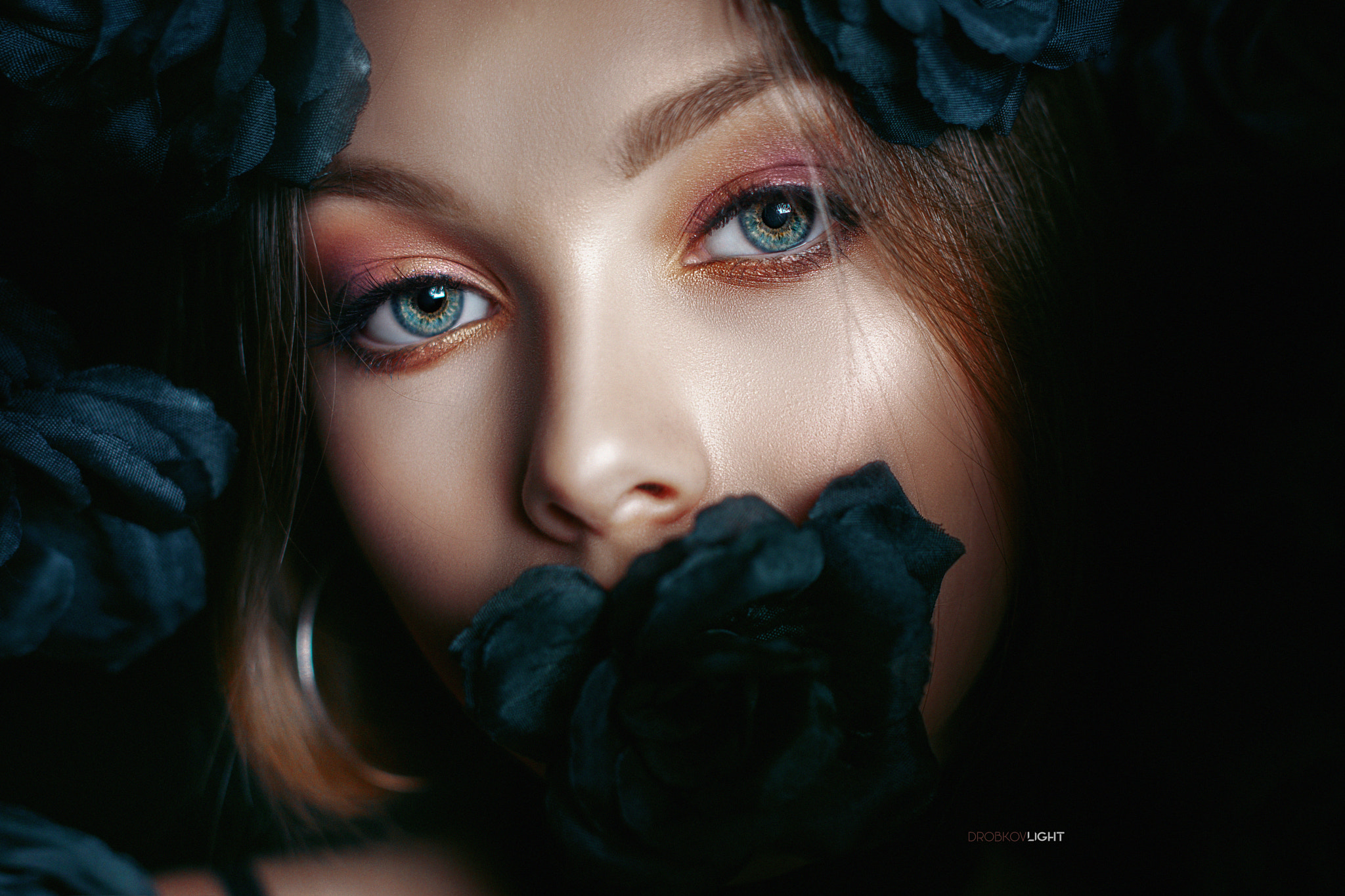 Alexander Drobkov Women Brunette Makeup Eyeshadow Eyeliner Flowers Portrait Dark 2048x1365