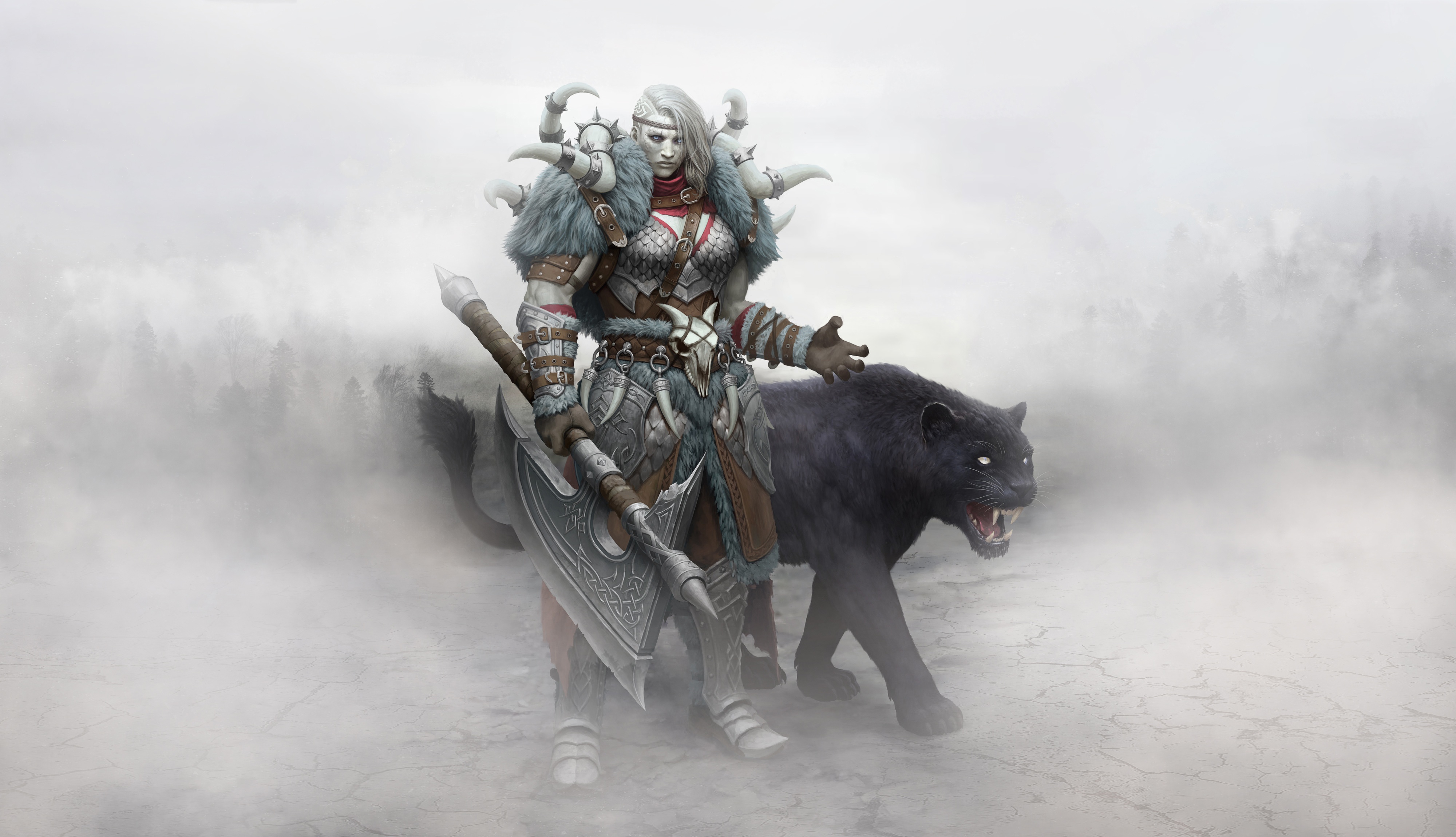Axe Fog Girl Panther Viking Woman Warrior 4000x2300