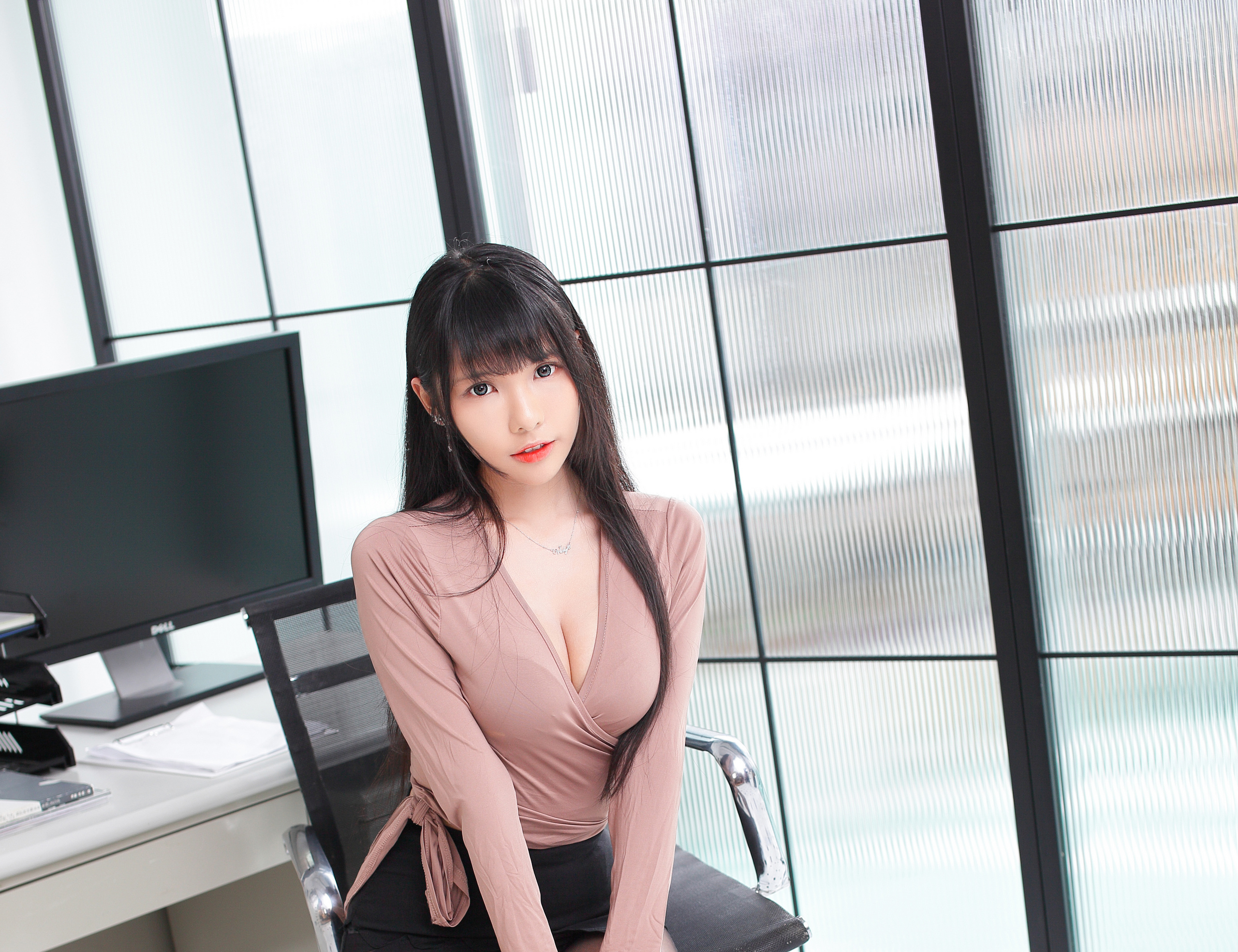 Asian Model Women Long Hair Brunette Vicky Sitting Chair Desk Computer Screen Shirt Window Looking A 2560x1969
