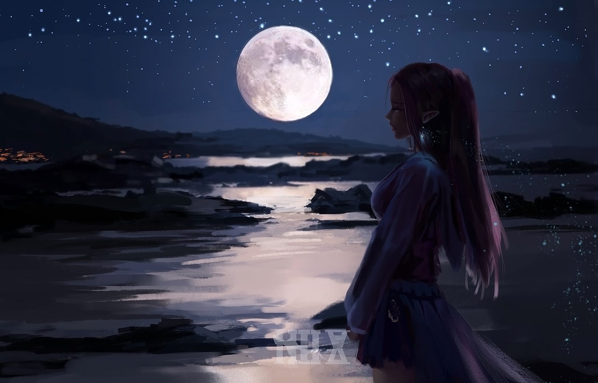 Fantasy Girl Elfs Night Moonset River Fantasy Art Ydiya Kai 1920x1231