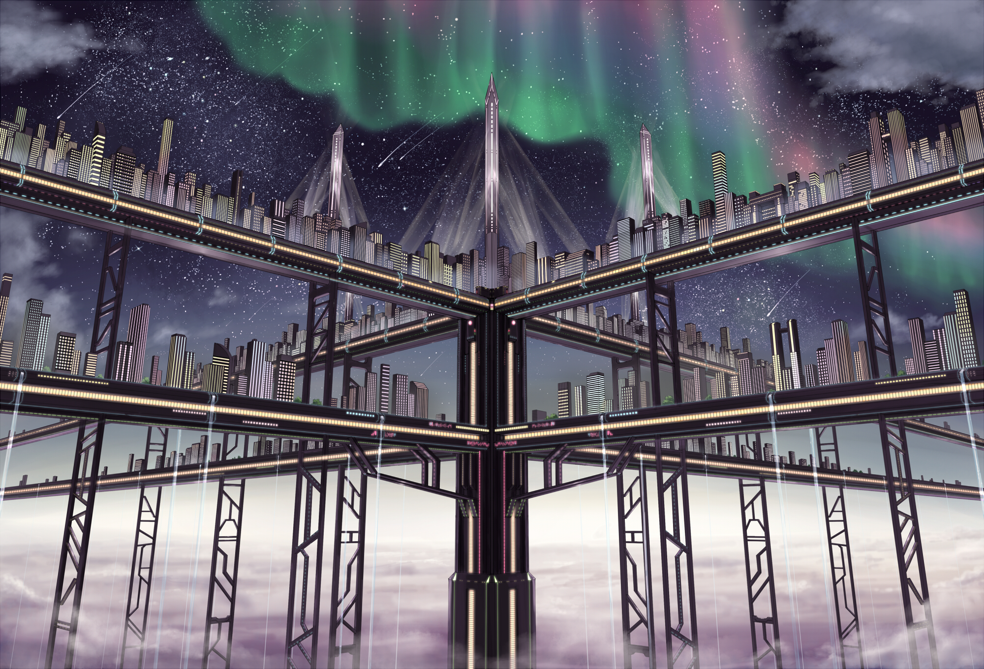 Aurora Borealis Bridge City Futuristic Shooting Star Starry Sky 2000x1360