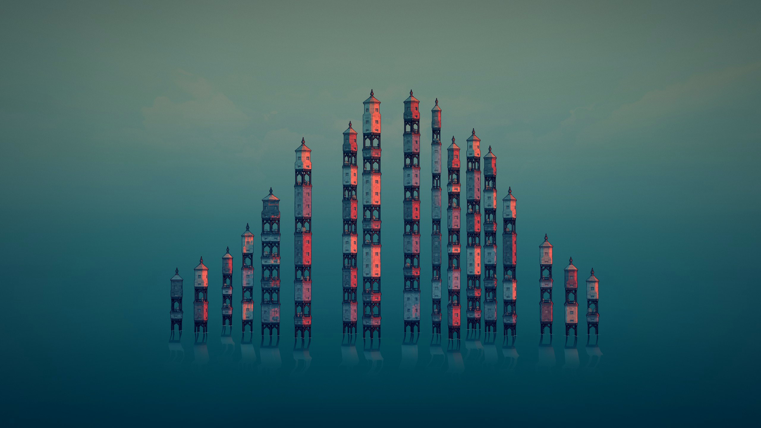 Townscaper Tower Digital Art Skyline Minimalism Video Game Art Architecture Video Games 2560x1440