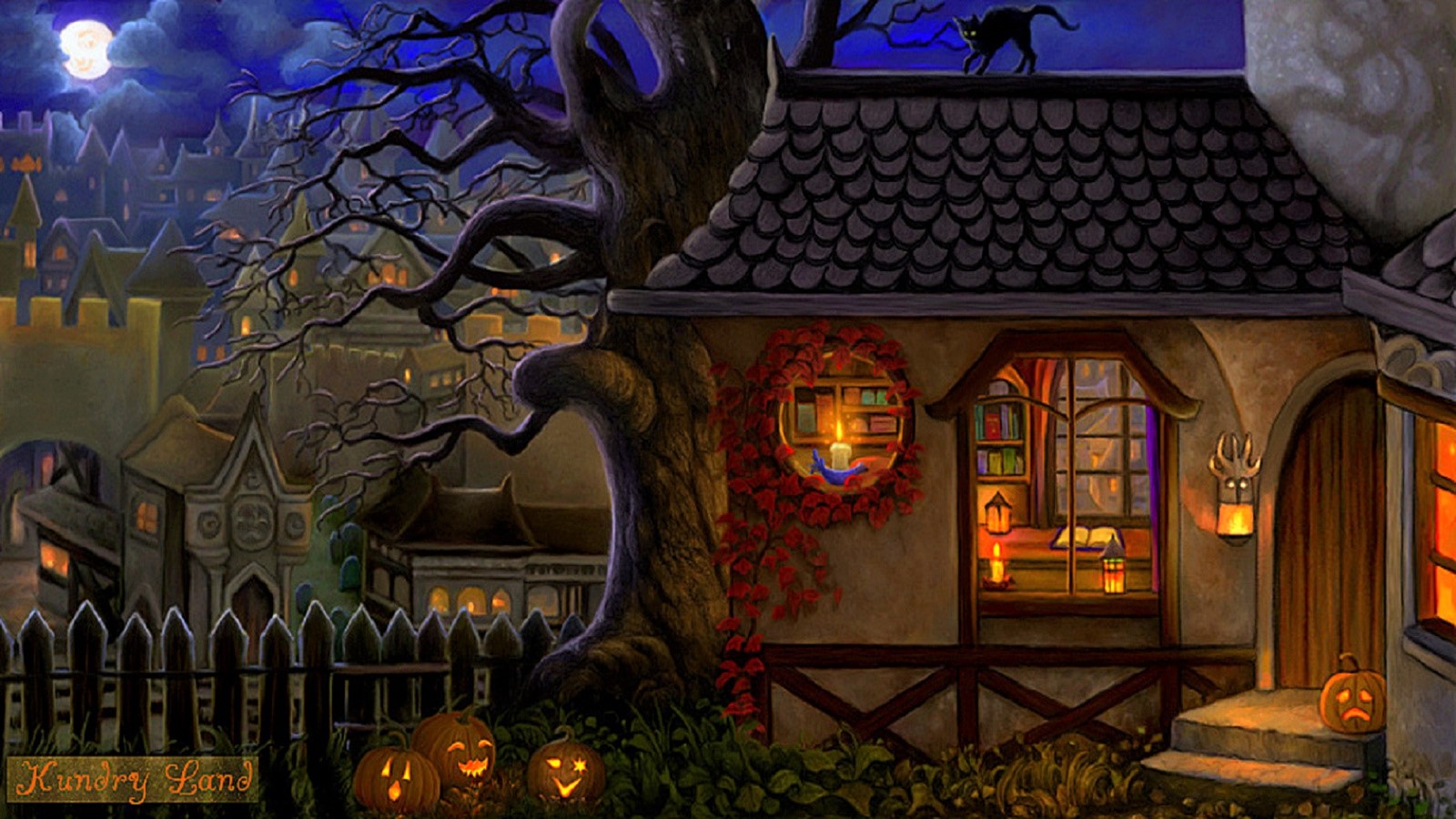 Cat Halloween Holiday House Jack O 039 Lantern Night Tree 1600x900