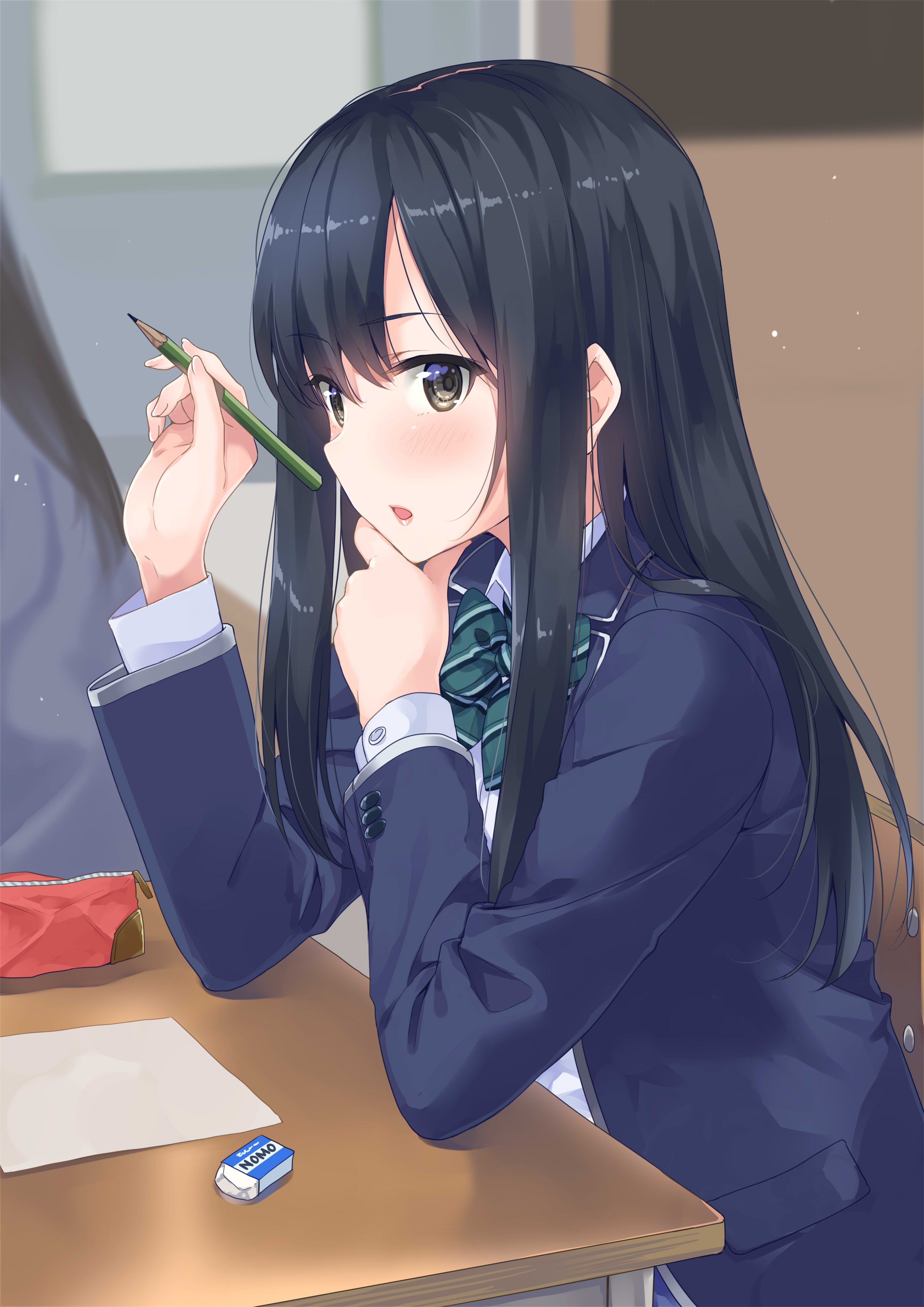 Unasaka Anime Girls Anime Vertical Parted Lips Looking At Viewer School Uniform Classroom Black Hair 2893x4092