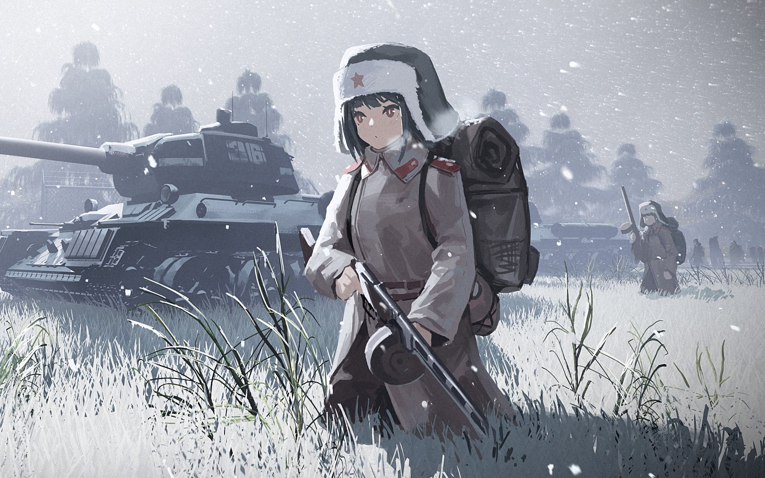 Anime Girls Soviet Army Military USSR Tank War PPSh 41 Winter Ushanka Uniform 2560x1600