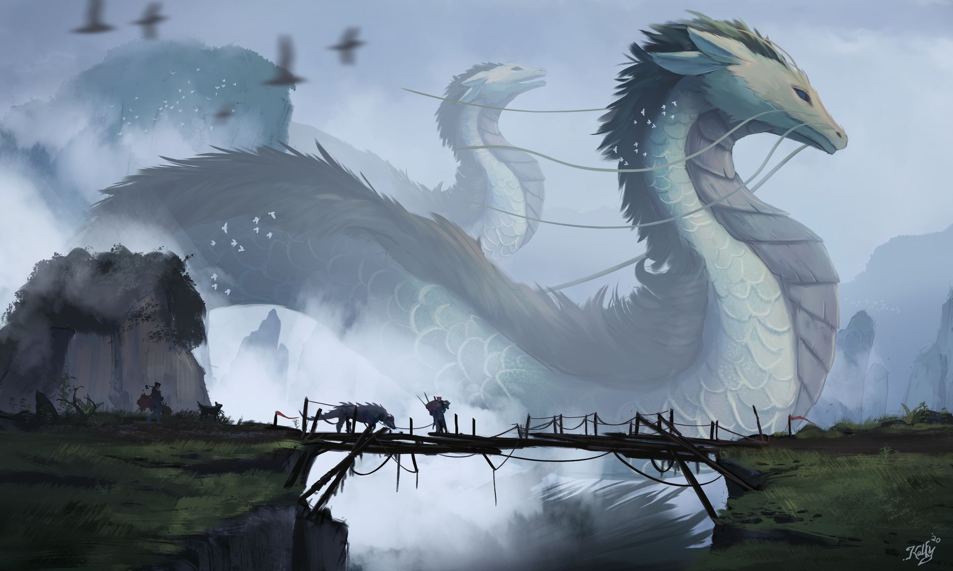 Artwork Digital Fantasy Art Dragon Grass Rocks Birds Giant People Mist Wooden Bridge Kalfy 1920x1152