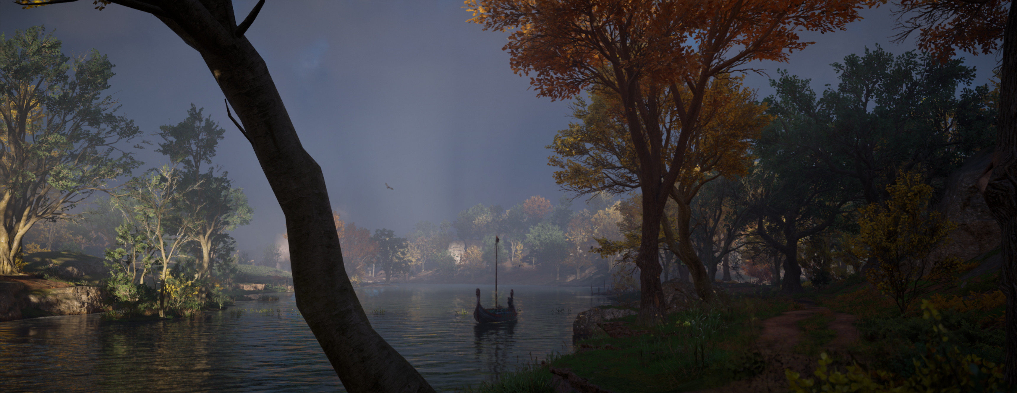 Assassins Creed Valhalla Assassins Creed Landscape Water Sky Trees Fall Boat Longships PC Gaming Vid 3440x1330