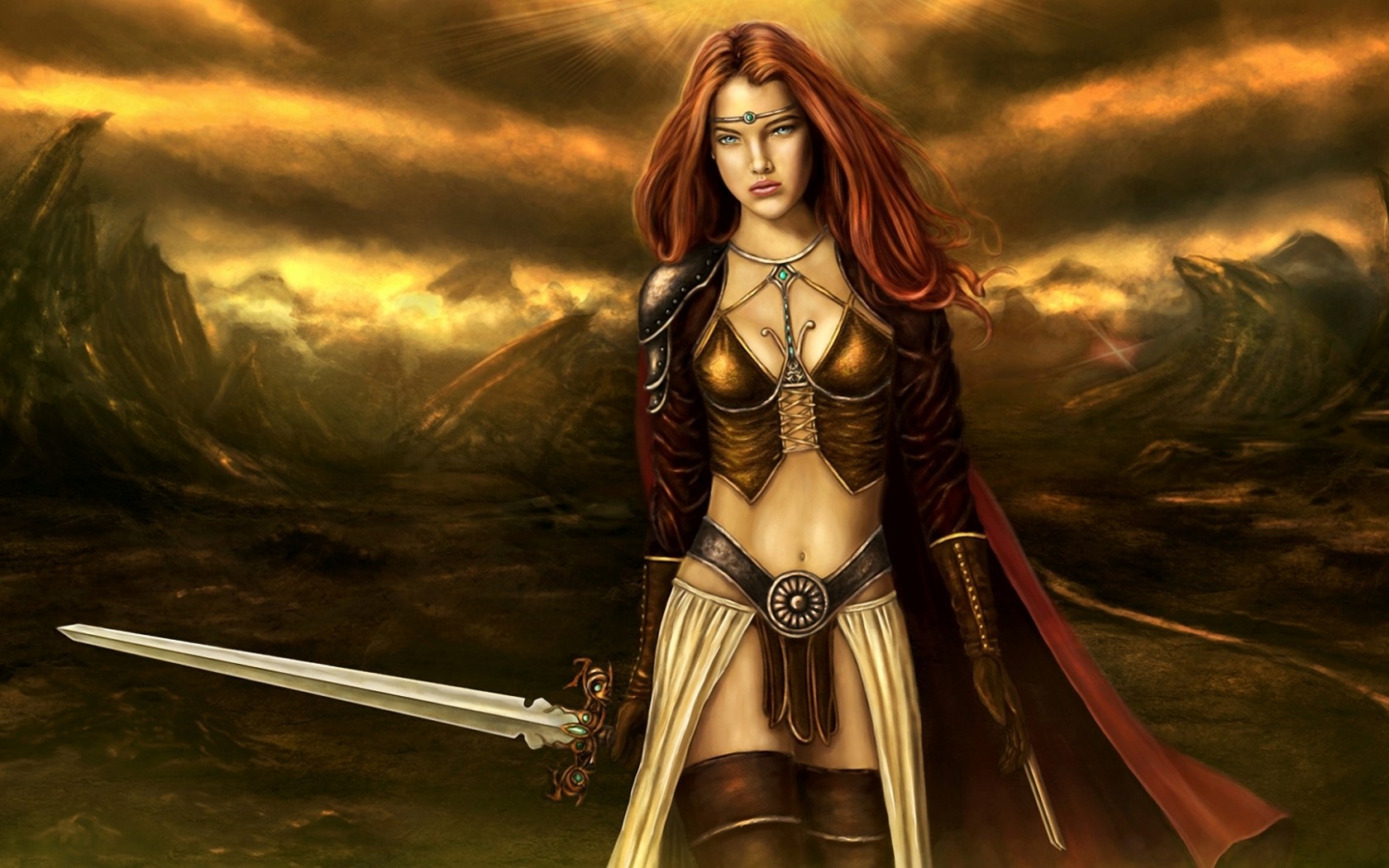 Fantasy Girl Red Hair Redhead Sword Woman Woman Warrior 1680x1050