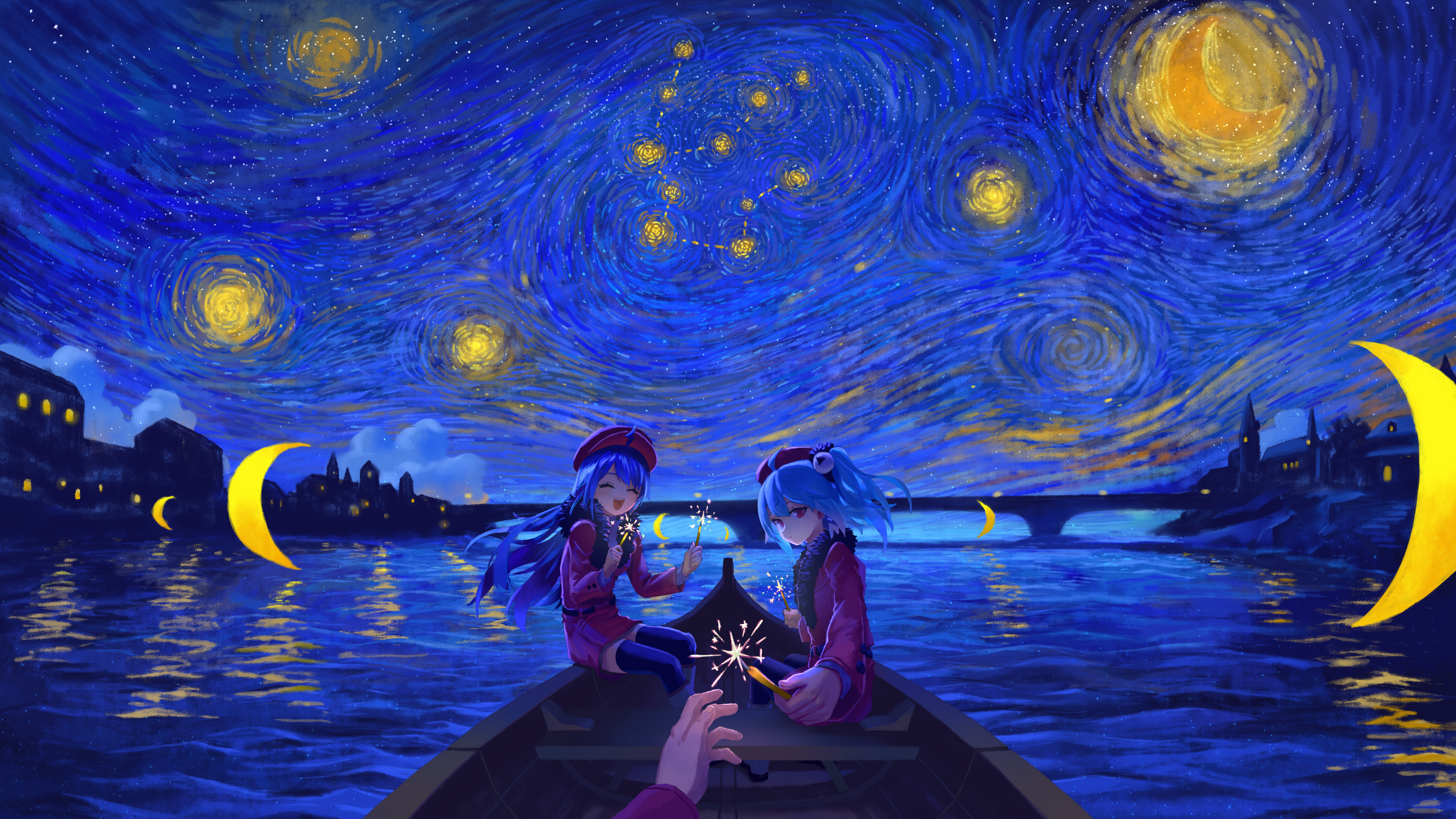 Bilibili Anime Girls Anime Sky Colorful Two Women Outdoors River Boat Vehicle Night Stars Blue Hair  4551x2560