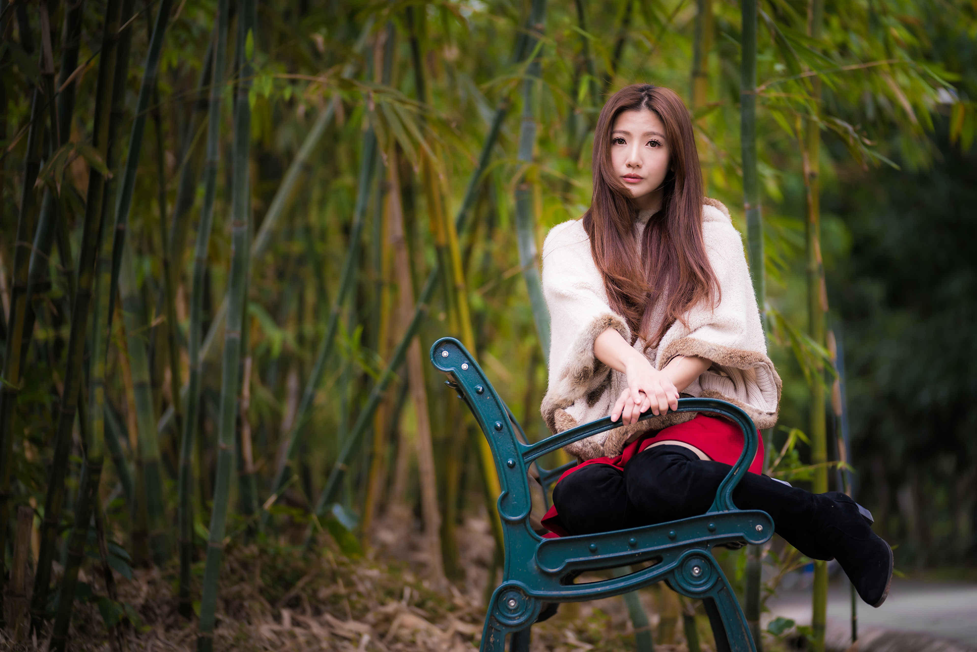 Asian Model Women Long Hair Brunette Skirt Bench Knee High Boots Jacket Bamboo 3840x2561
