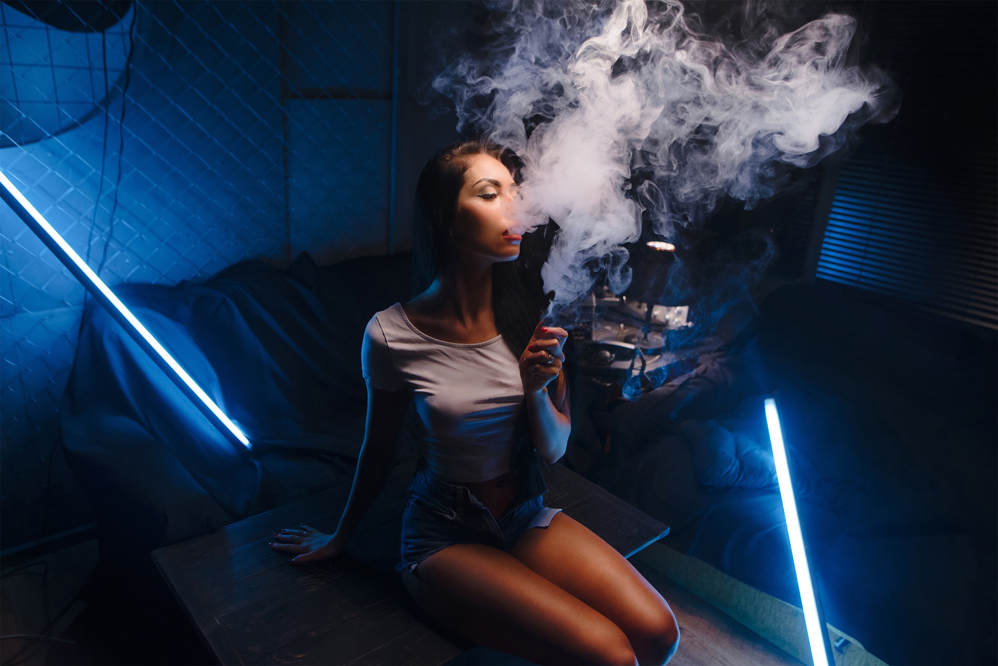 Hookah Smoke Women Brunette Smoking Lights Neon 2048x1367