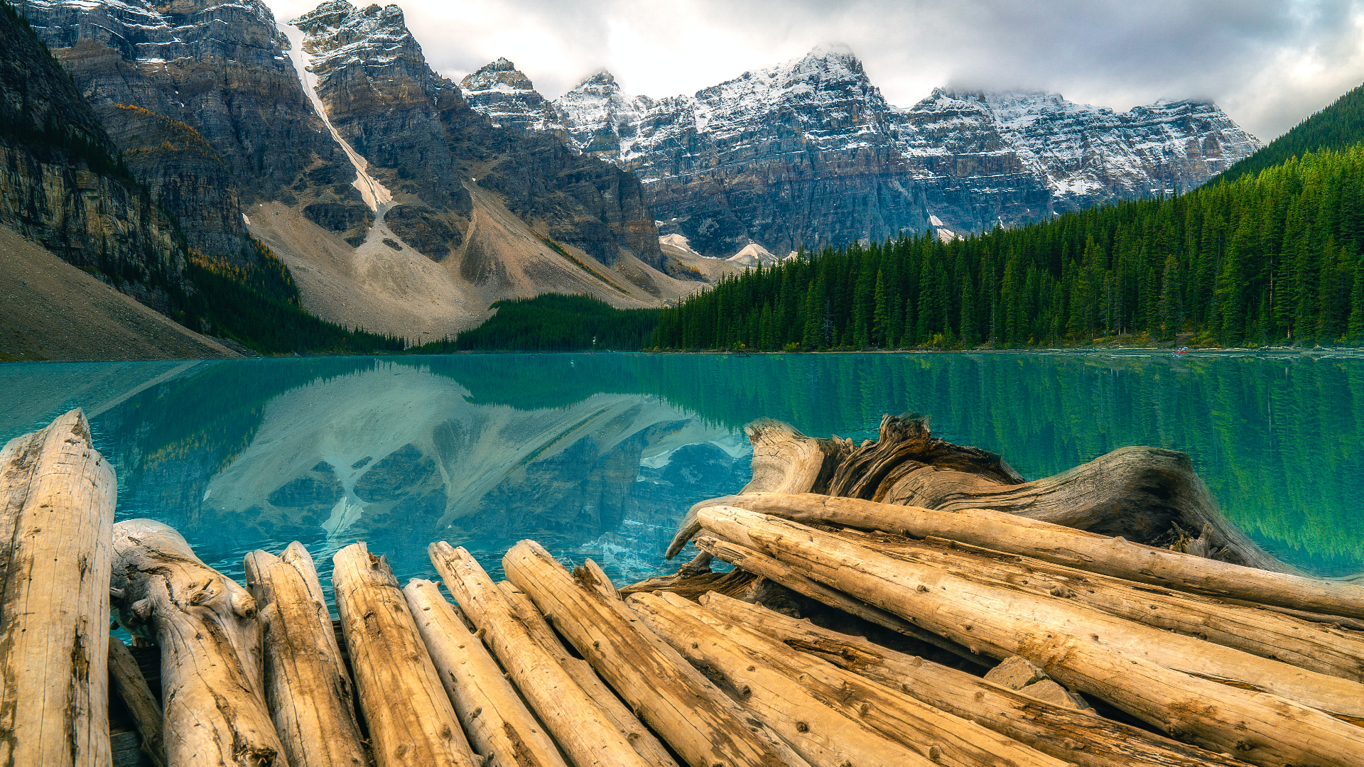 Nature Landscape Mountains Trees Forest Lake Wood Clouds Moraine Lake Canada 1920x1080