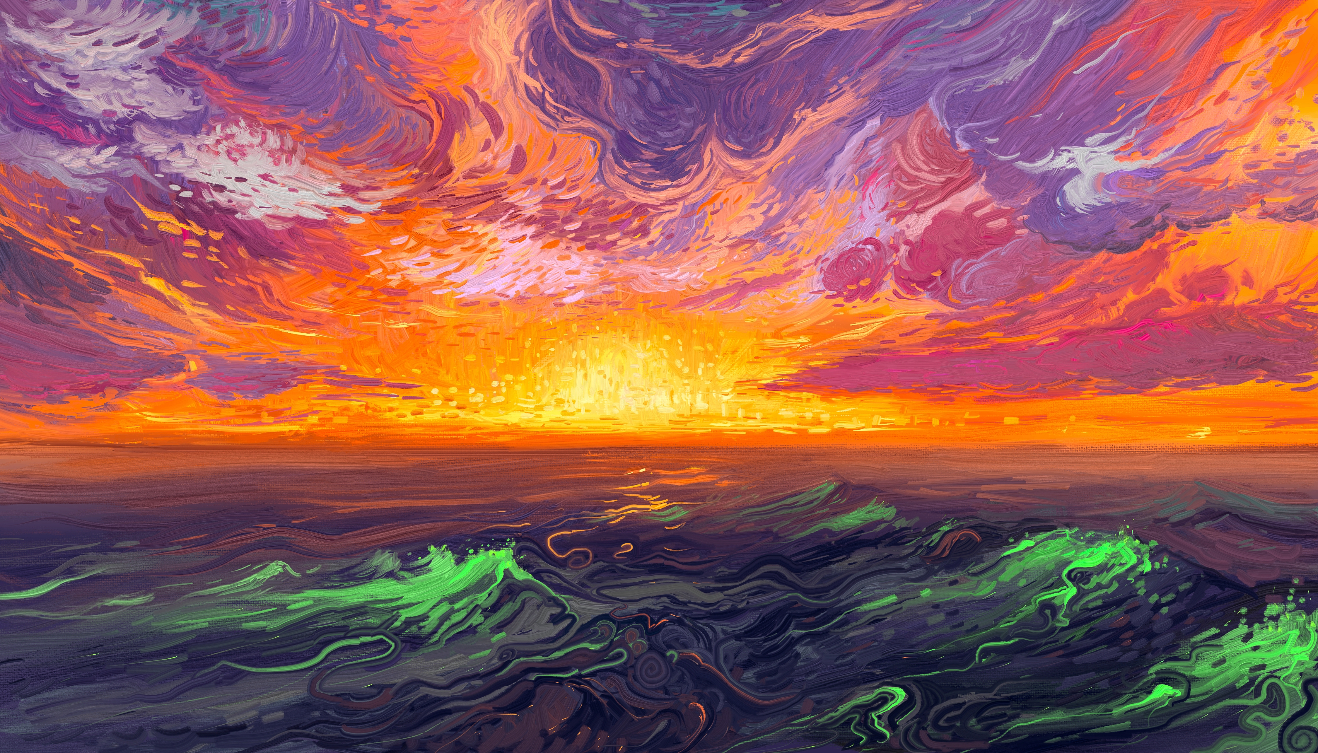 Hangmoon Digital Art Painting Sunrise Waves Sea 4500x2571
