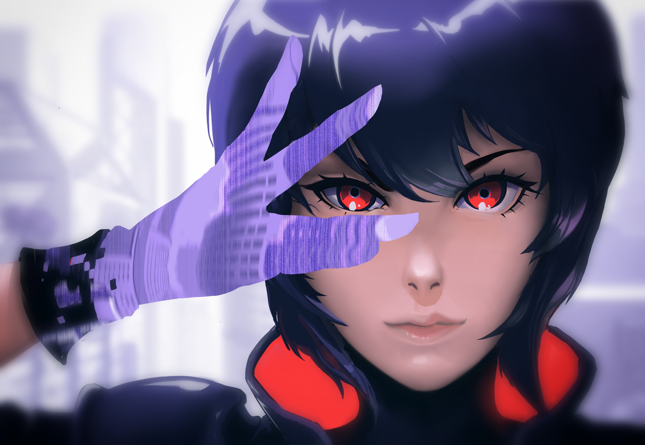 Anime Anime Girls Ghost In The Shell Red Eyes Black Hair Short Hair Gloves Jacket Looking At Viewer 2560x1765