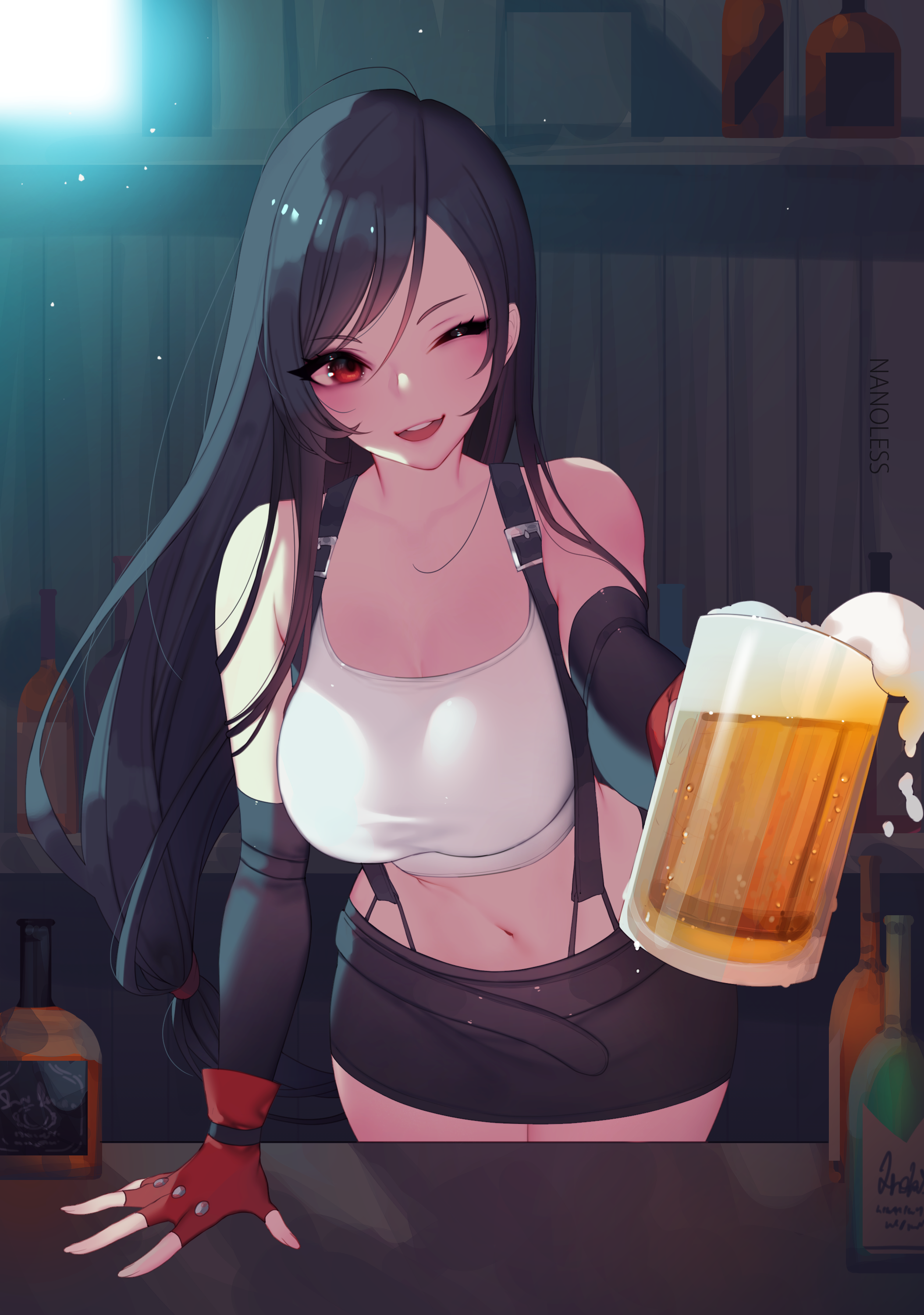 Final Fantasy Final Fantasy Vii Tifa Lockhart Alcohol Arm Support Bangs Bar Beer Beer Mugs Black Leg 2108x3000