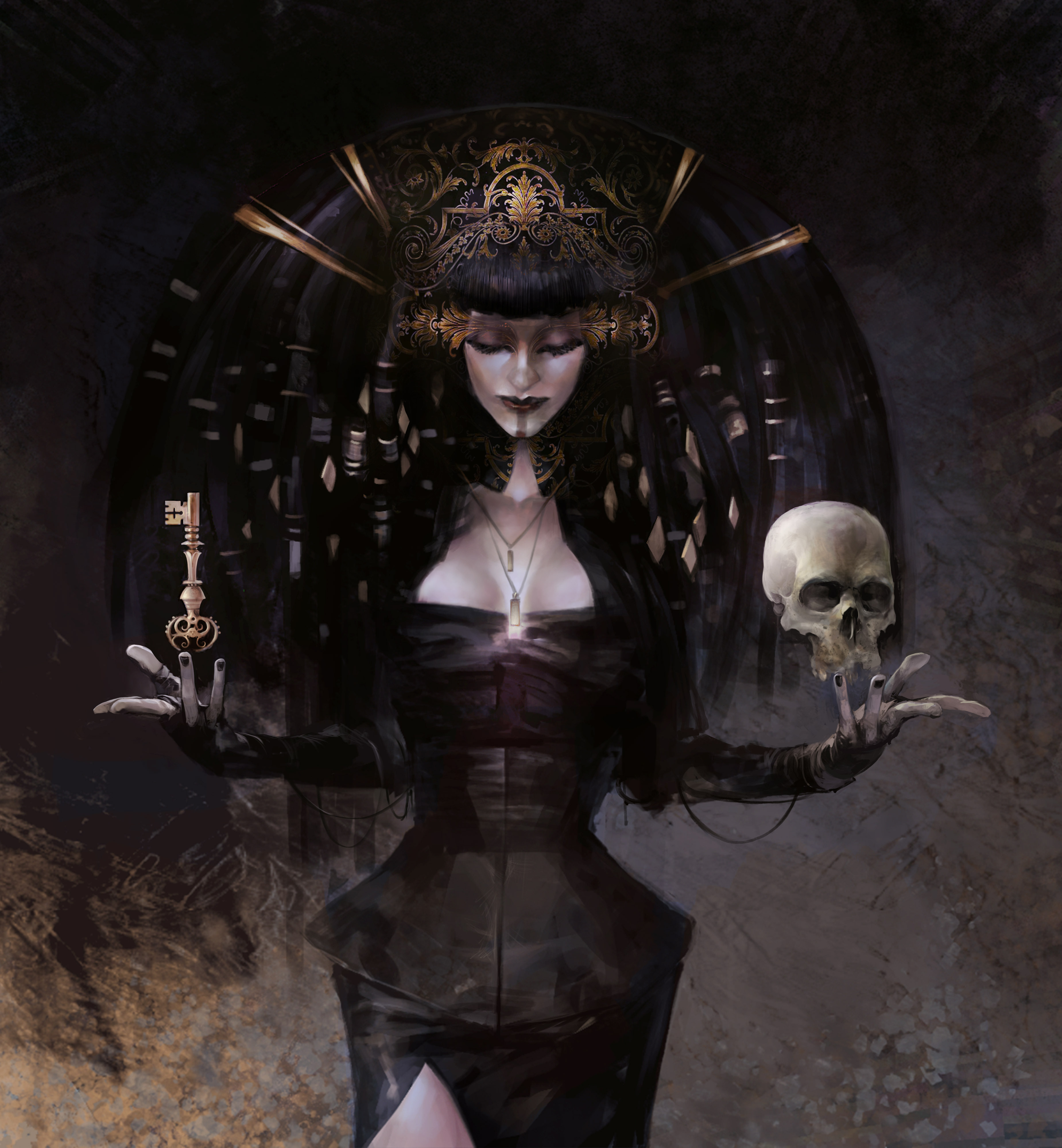 Othon Nikolaidis Skull Closed Eyes Dark Hair Witch Digital Painting Keys Black Clothing Digital Art  3700x4000