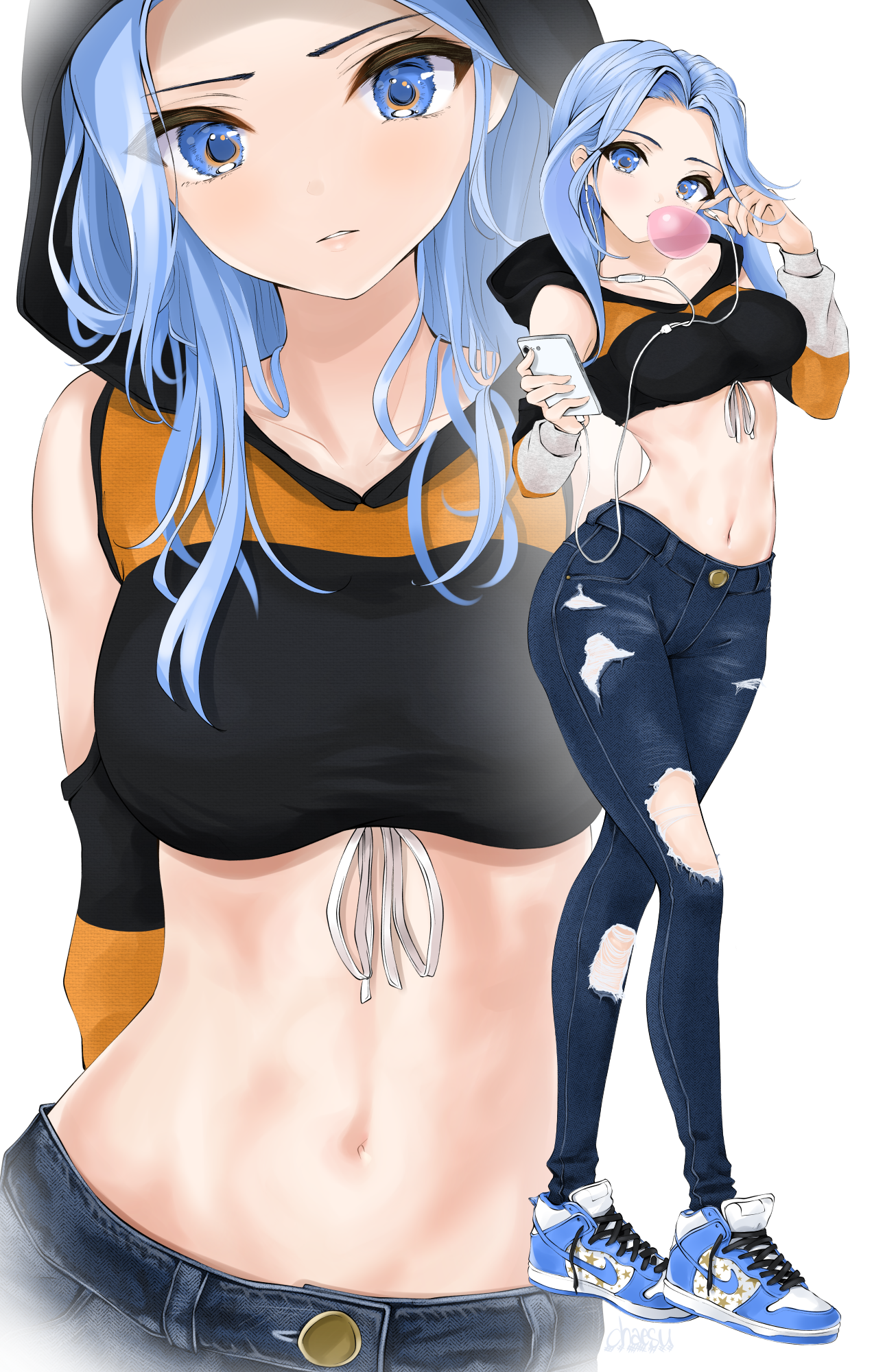 Blue Hair Blue Eyes Anime Girls Anime Jeans Bubble Gum Chewing Gum Smartpho...