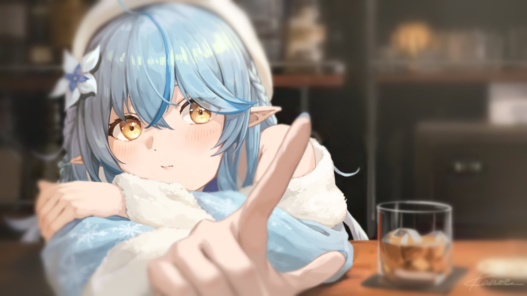 Anime Anime Girls Blue Hair Long Hair Yellow Eyes Elf Ears Barrette Drink Blue Nails Long Nails Bar  2048x1152