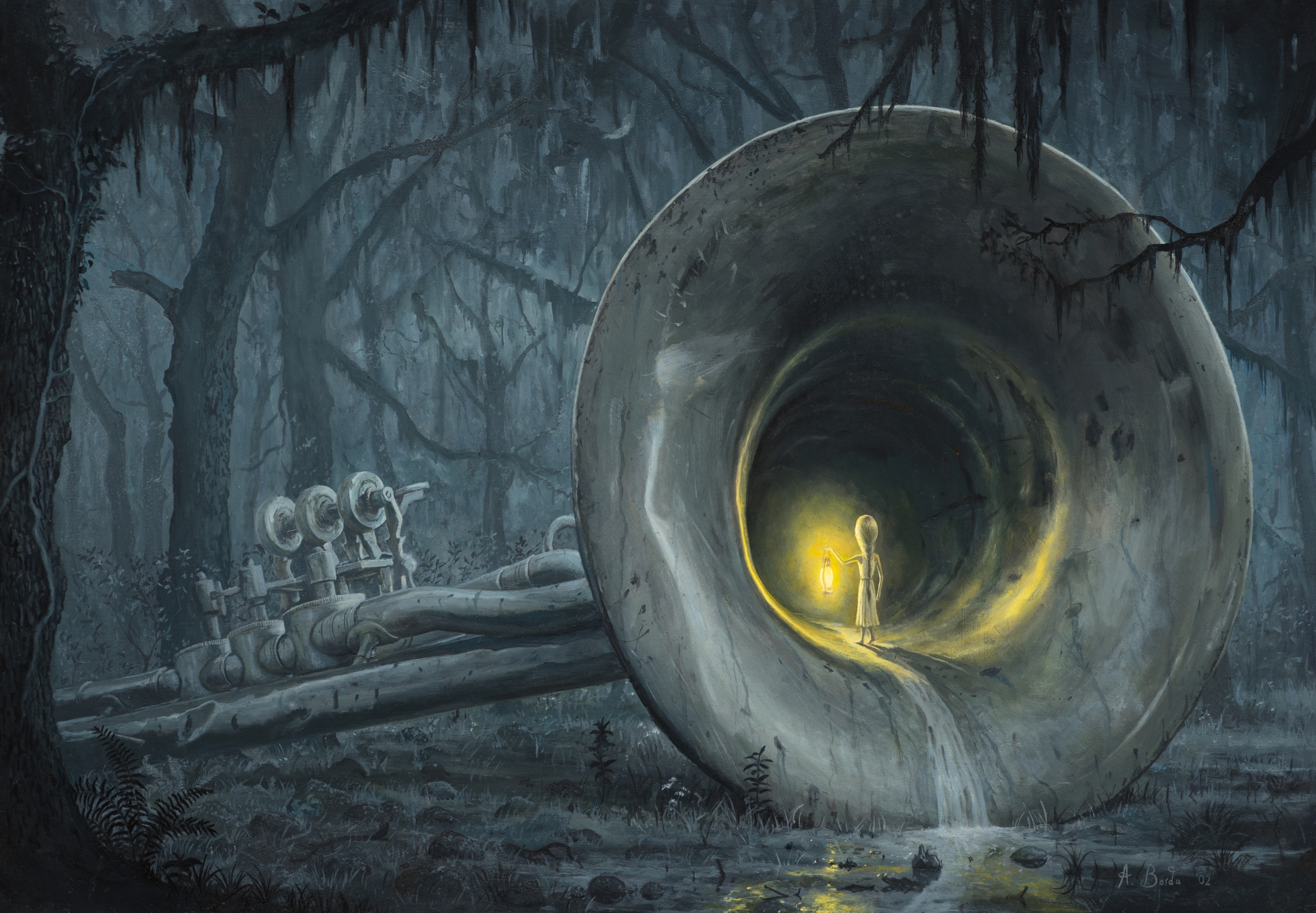 Artwork Painting Adrian Borda Surreal Musical Instrument Trees Trumpets Lights Spooky Giant Children 2400x1666