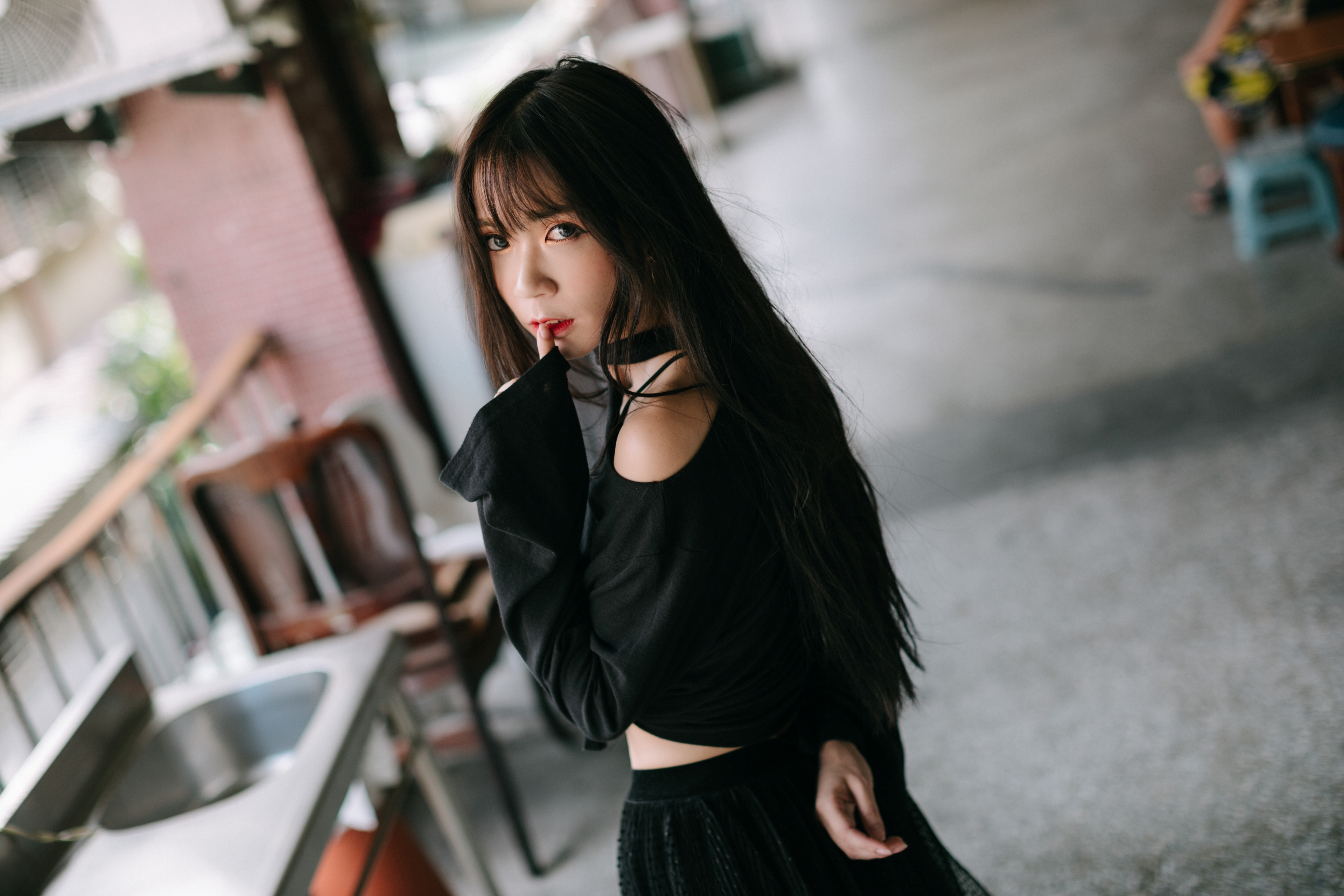 Serene Liu Women Model Asian Brunette Bangs Black Clothing Looking At Viewer Parted Lips Finger On L 3840x2560