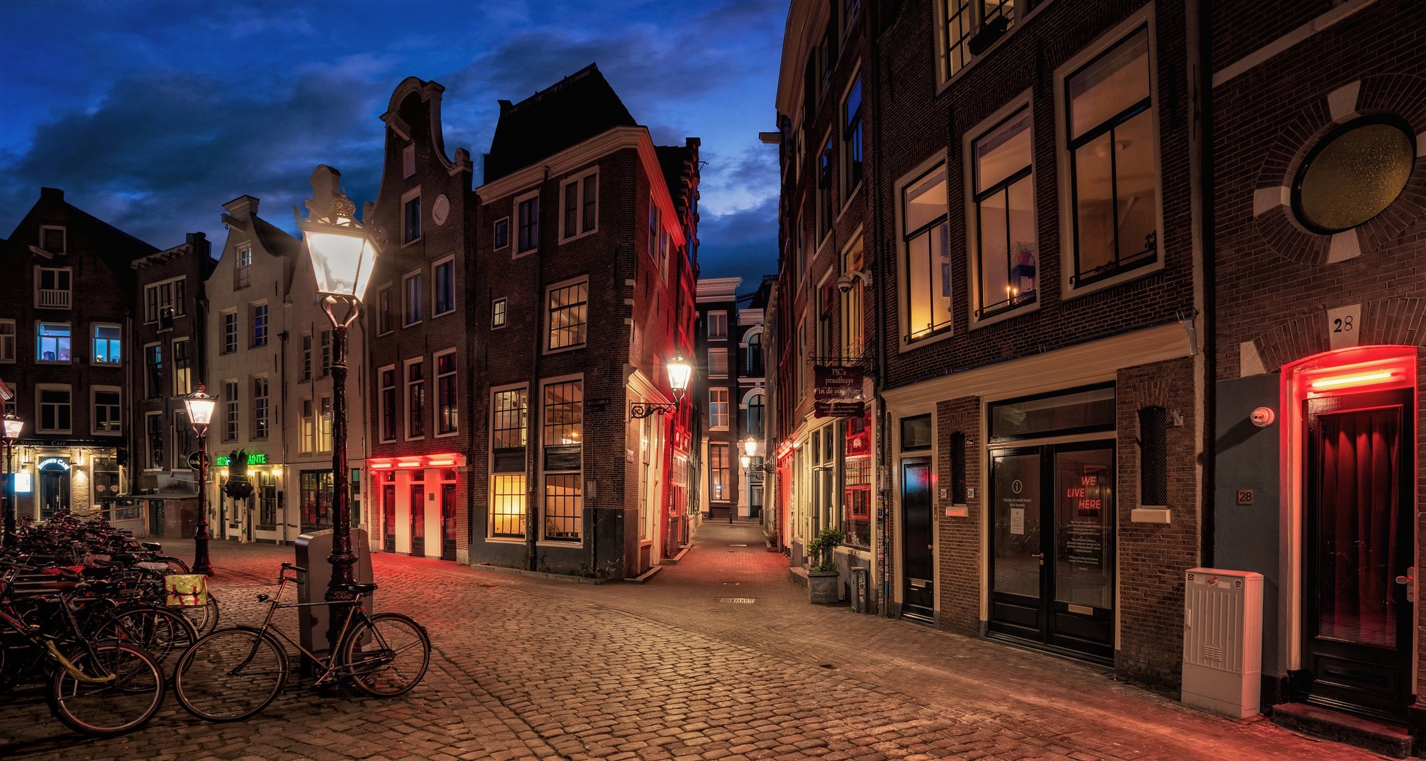 Architecture Street City Building Night Amsterdam Netherlands Cobblestone Bicycle Street Light Lamp 2048x1094