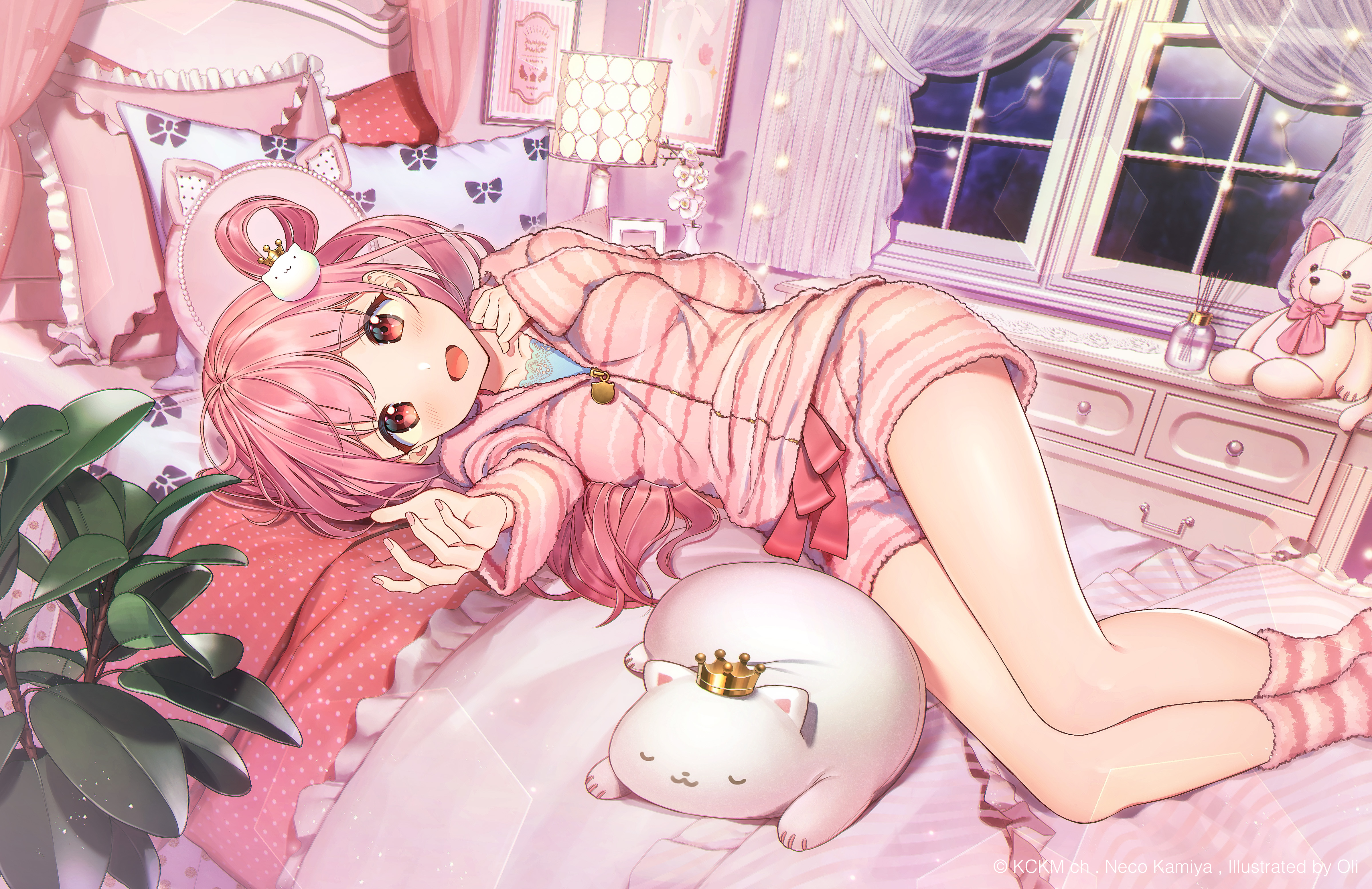 Anime Girls Red Eyes Pink Hair Open Mouth In Bed Oli Artist 4793x3105