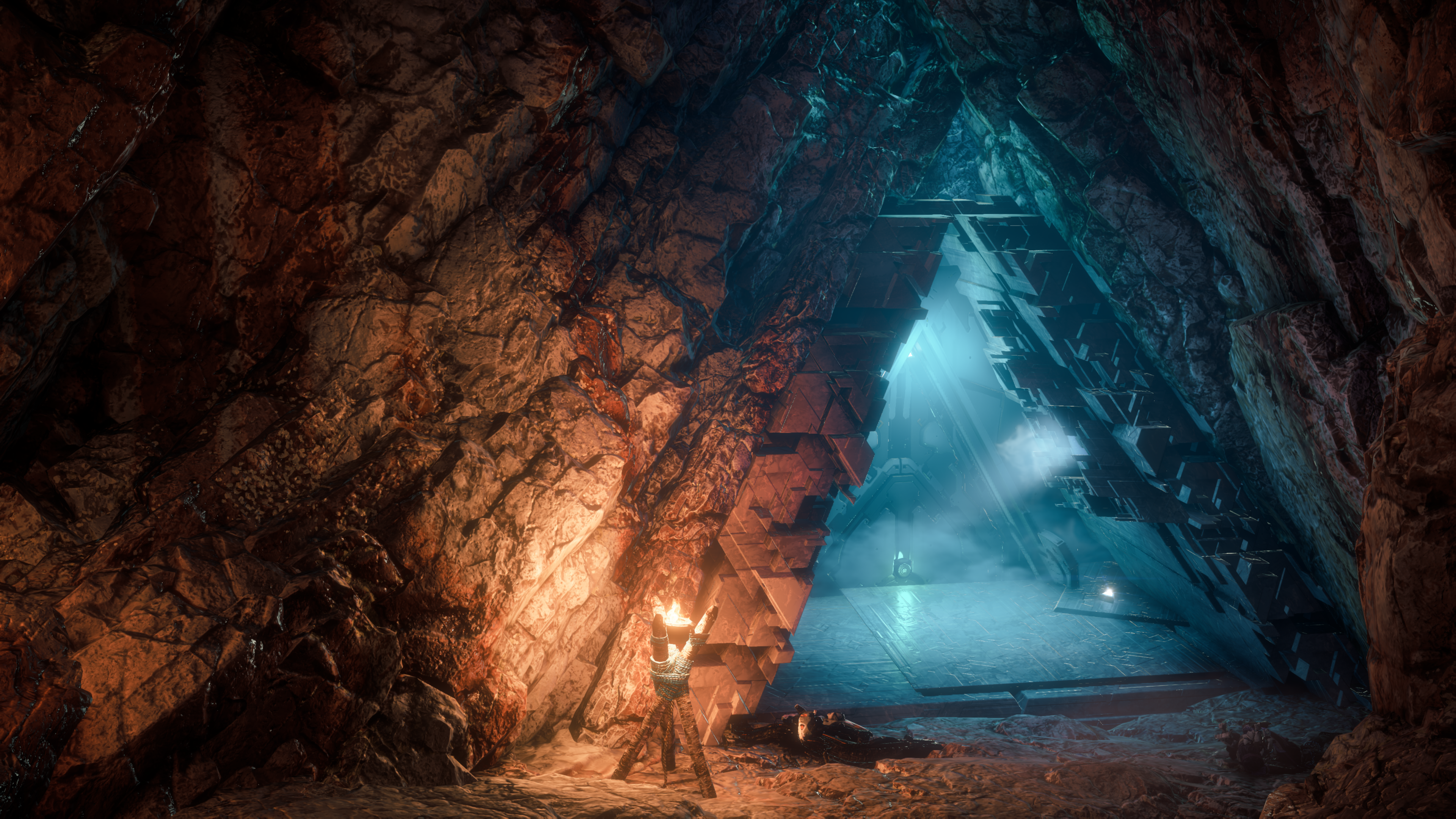 Horizon Zero Dawn Horizon Zero Dawn Video Games Science Fiction Cave Bunker Vault Mist Lights 3840x2160