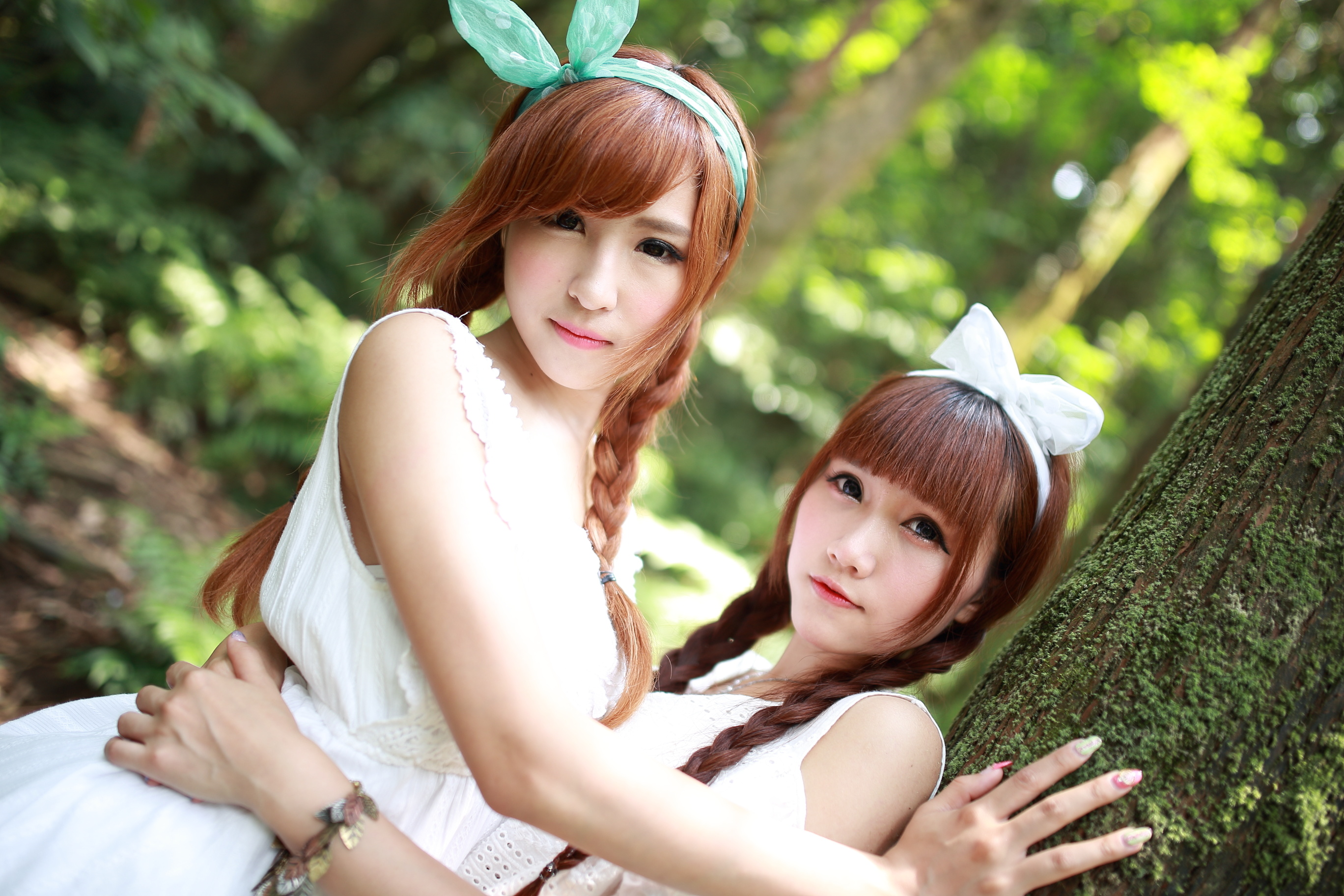 Asian Model Women Long Hair Brunette Hair Band Braids Twintails White Dress Depth Of Field Trees For 2736x1824