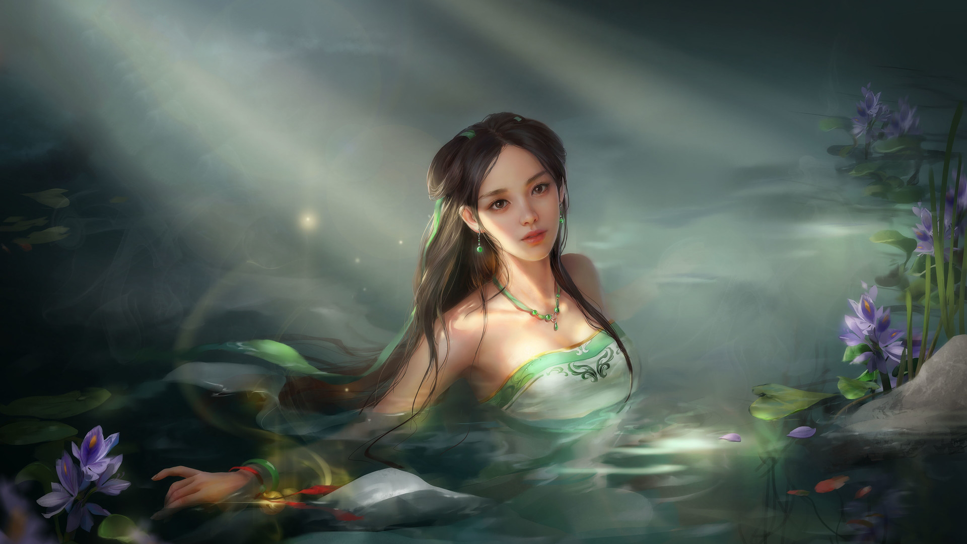 WuXia Xianxia Dark Hair Nature Water Flowers Plants Necklace Long Hair Women Outdoors Fantasy Art Fa 1920x1080