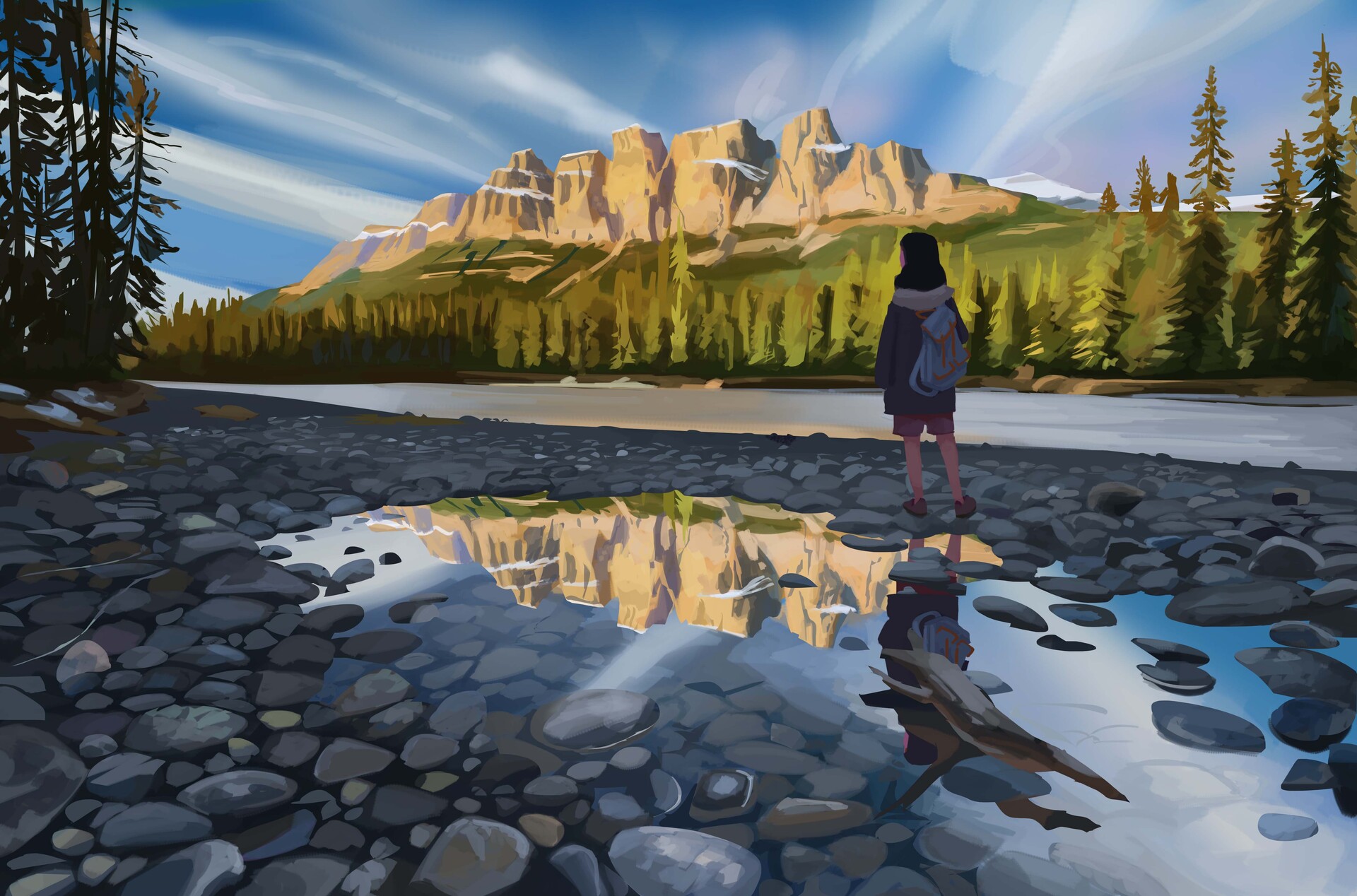 Reza Abbbasi Women Mountains Water Rocks Alone Sky Reflection Digital Painting Digital Art Landscape 1920x1268