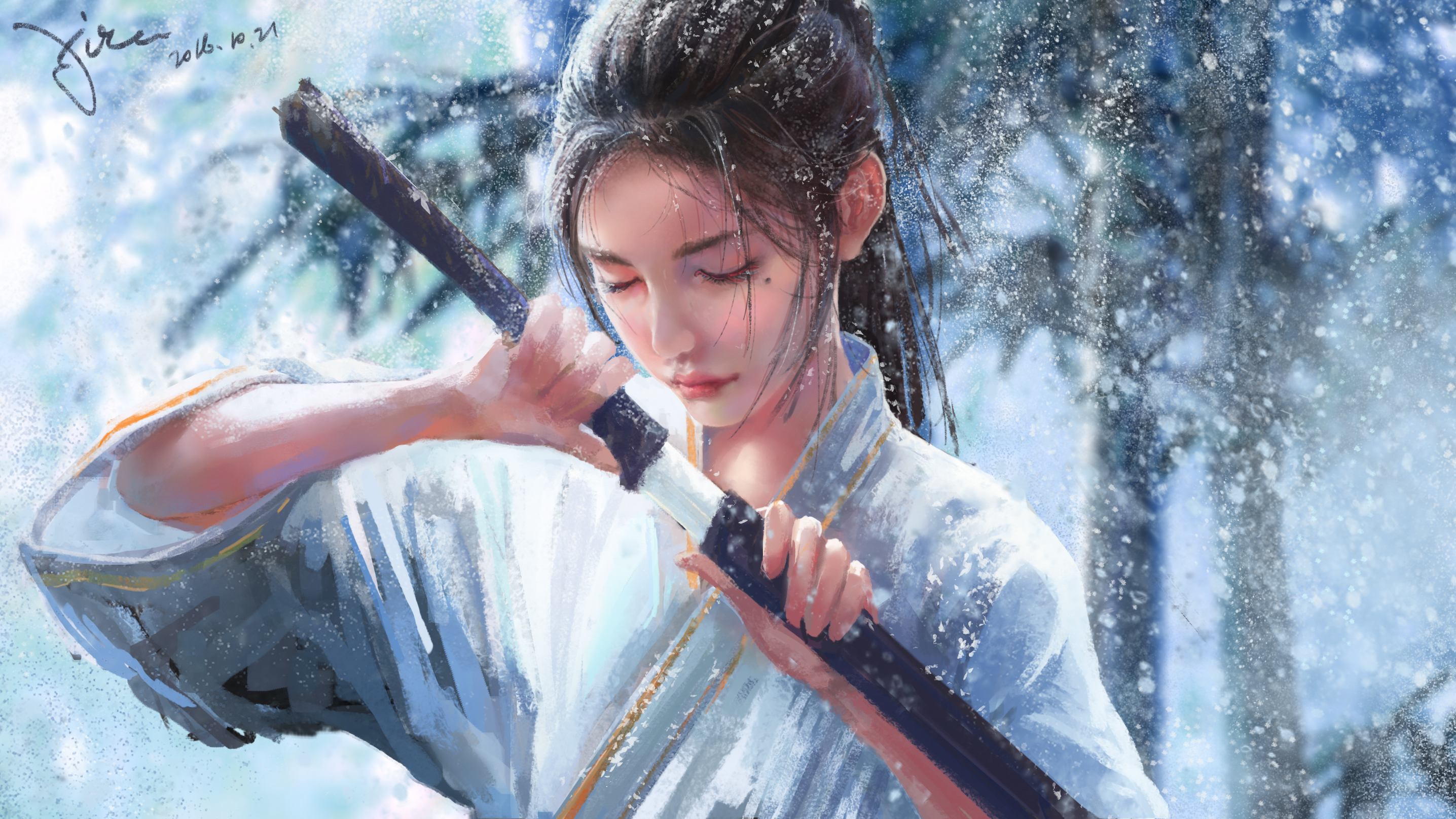 Girl Samurai Snowfall Snowflake Woman Warrior 2872x1615