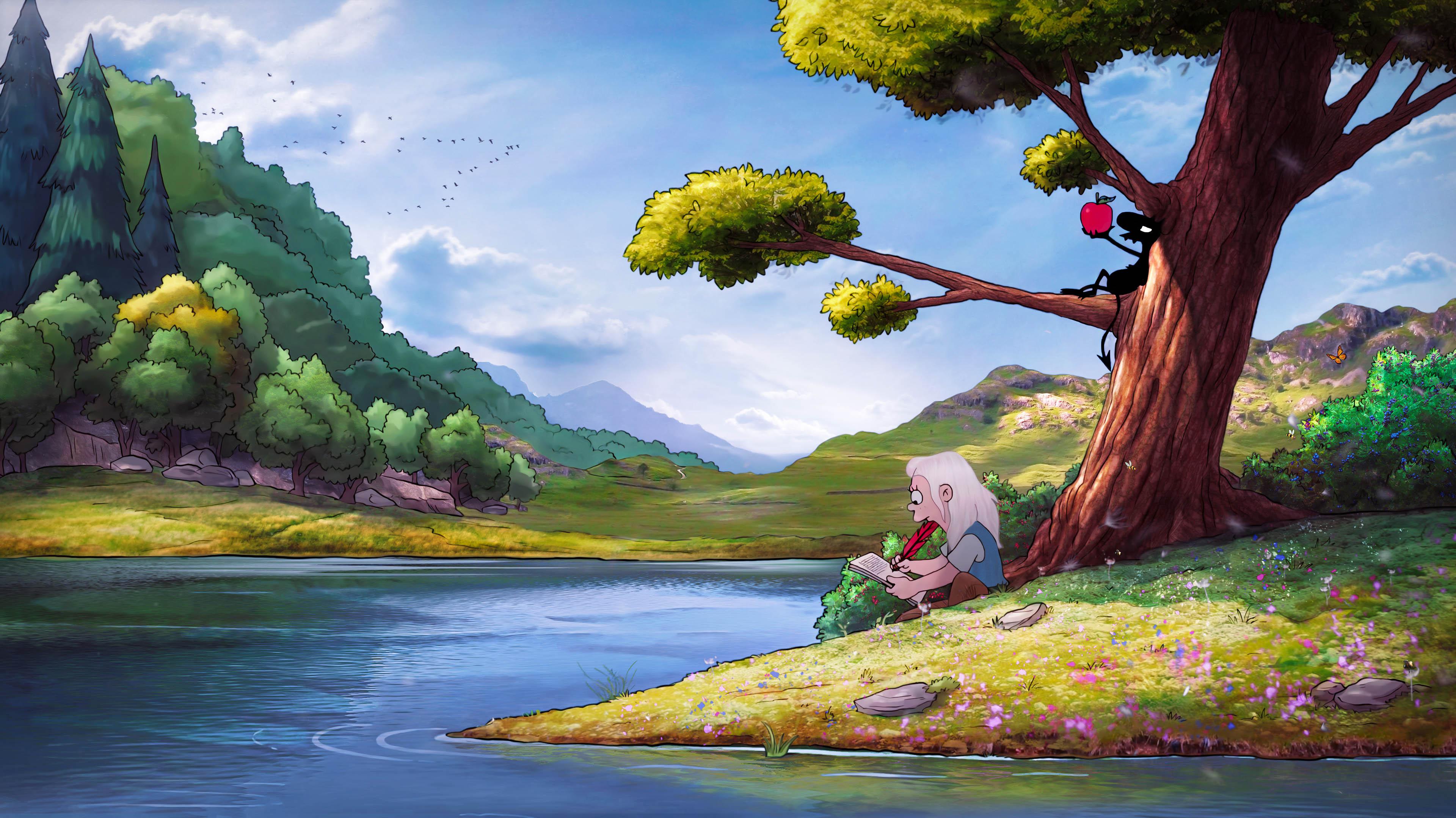 Disenchantment Luci Disenchantment Bean Disenchantment Lake Apples Birds Trees Forest Clouds Water N 3840x2160