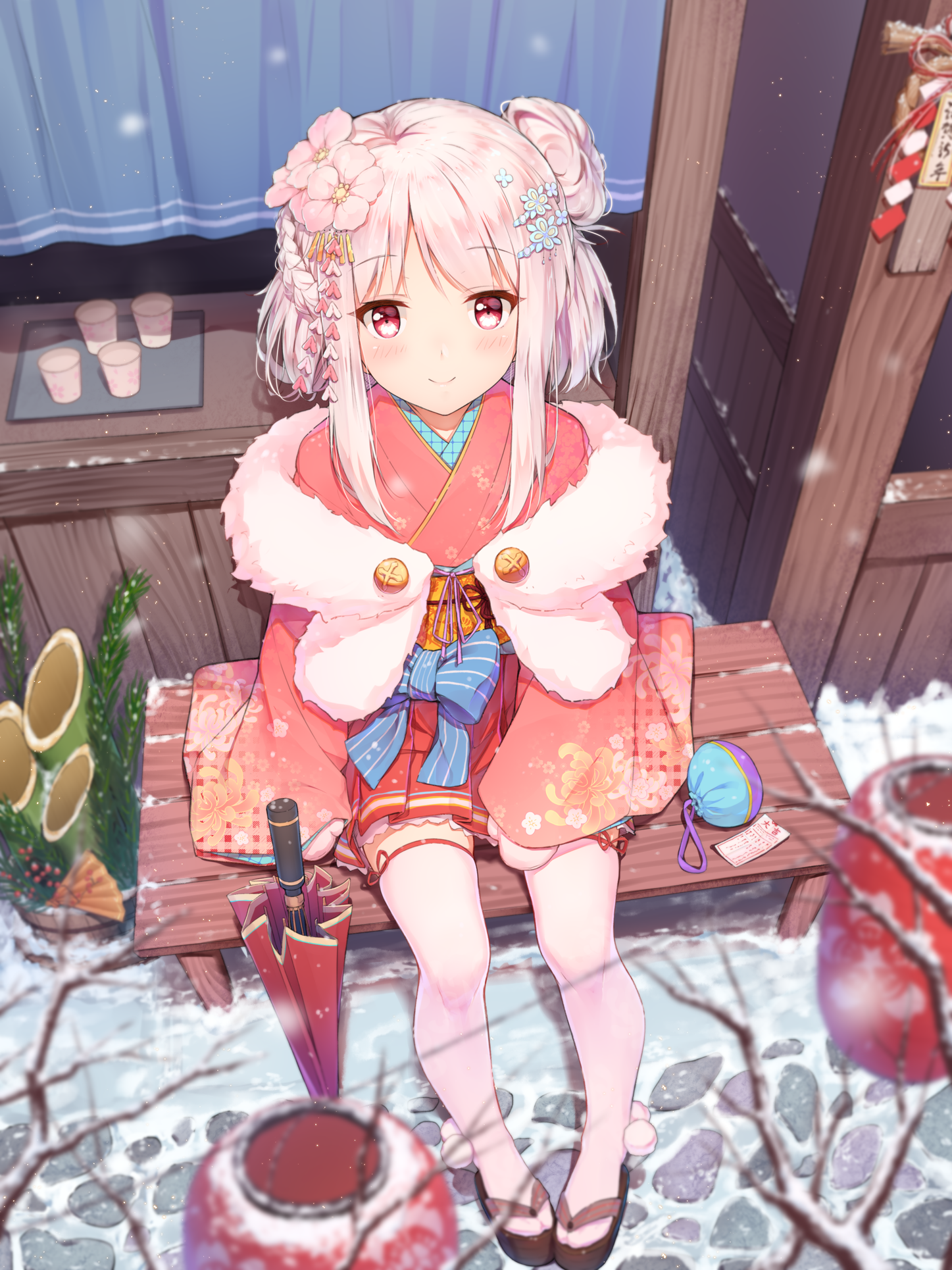 New Year Anime Anime Girls Kimono Shenhai Smiling Pink Hair Red Eyes Snow High Angle 1447x1930