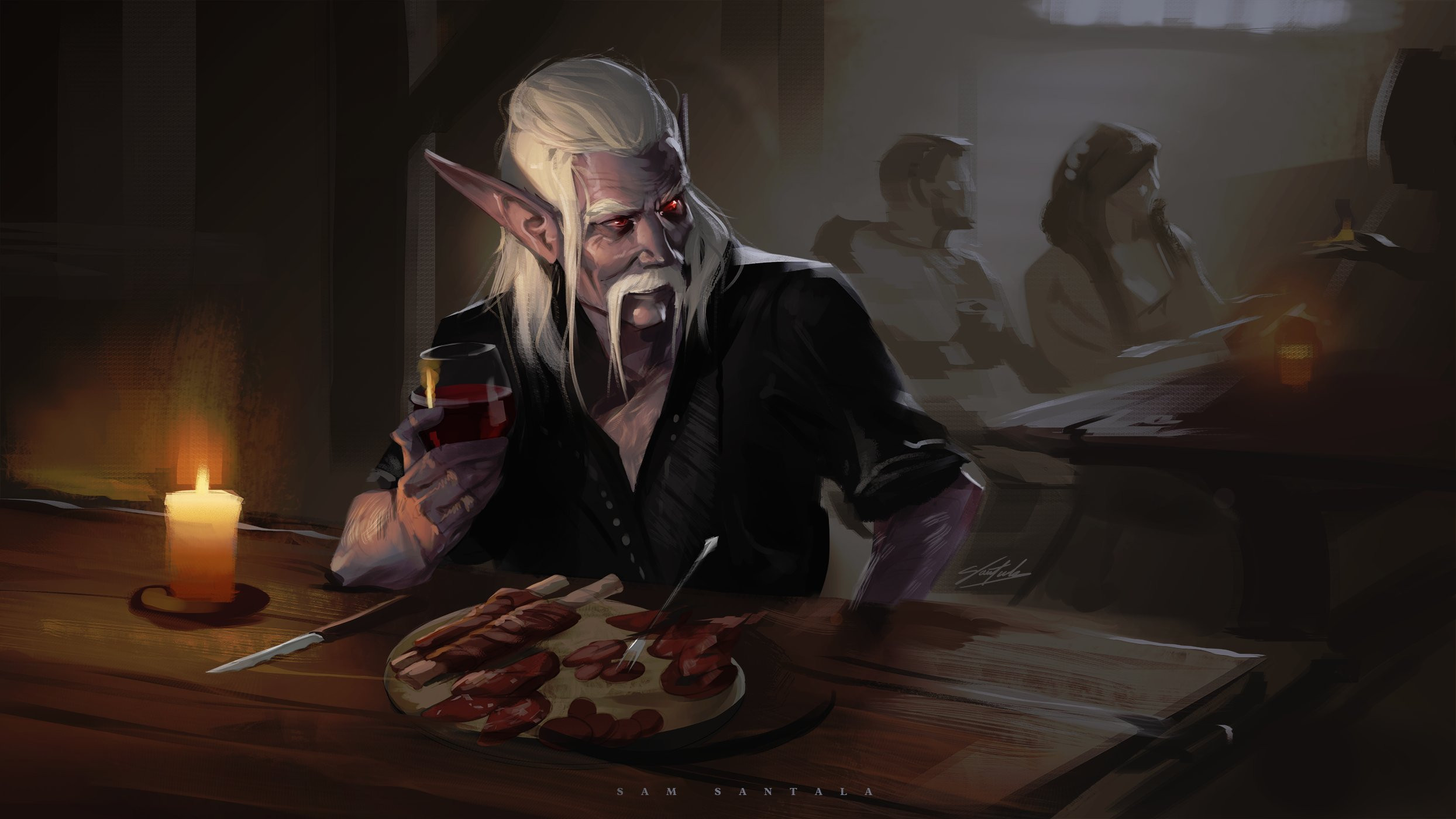 Sam Santala Mustache White Hair Looking Away Looking At The Side Food Tavern Wine Knife Fork Table I 2489x1400