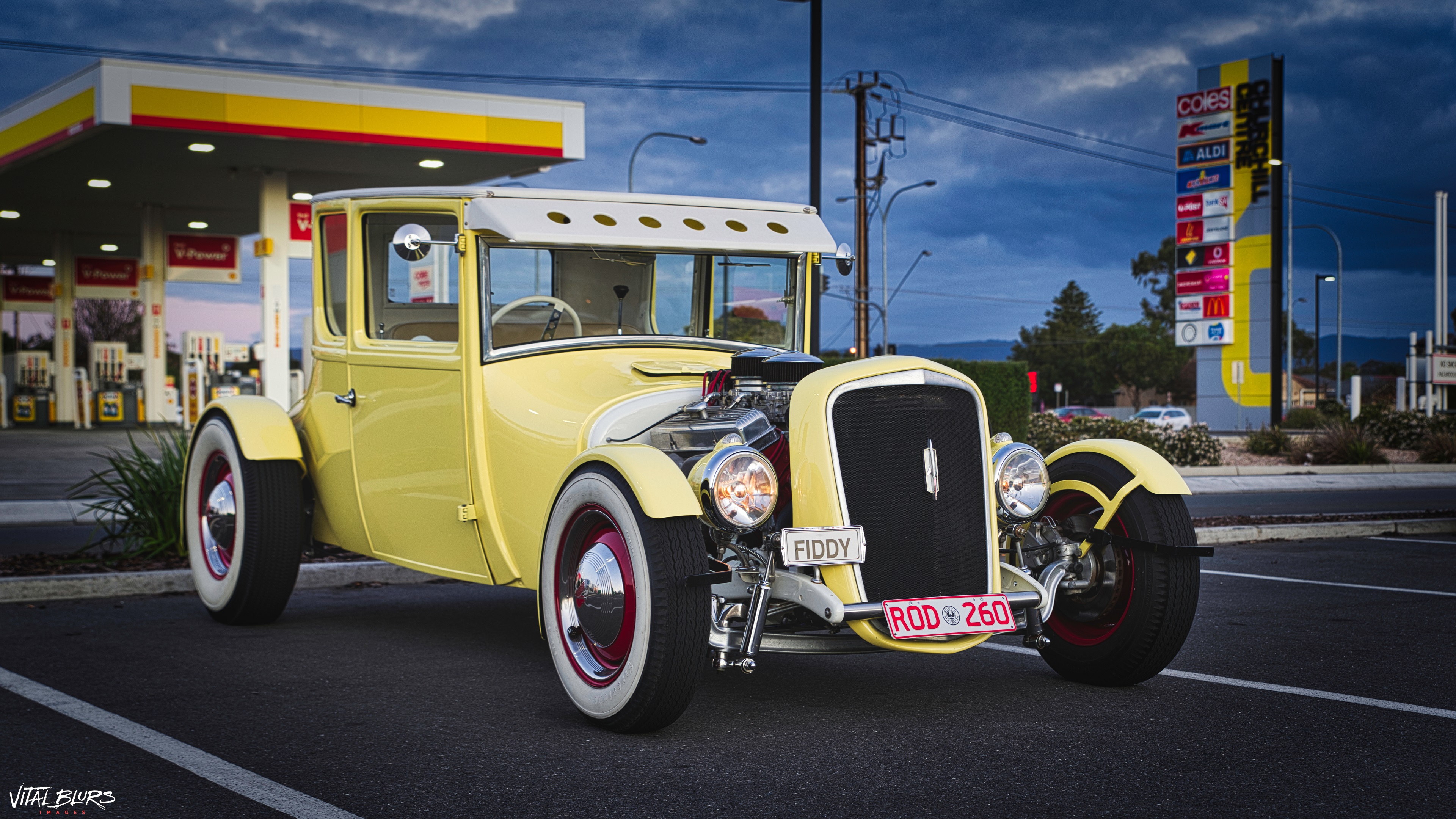 Hot Rod Yellow Cars Car Vehicle Outdoors Night Car Park Gas Station Clouds Whitewall Tyres Vintage C 3840x2160