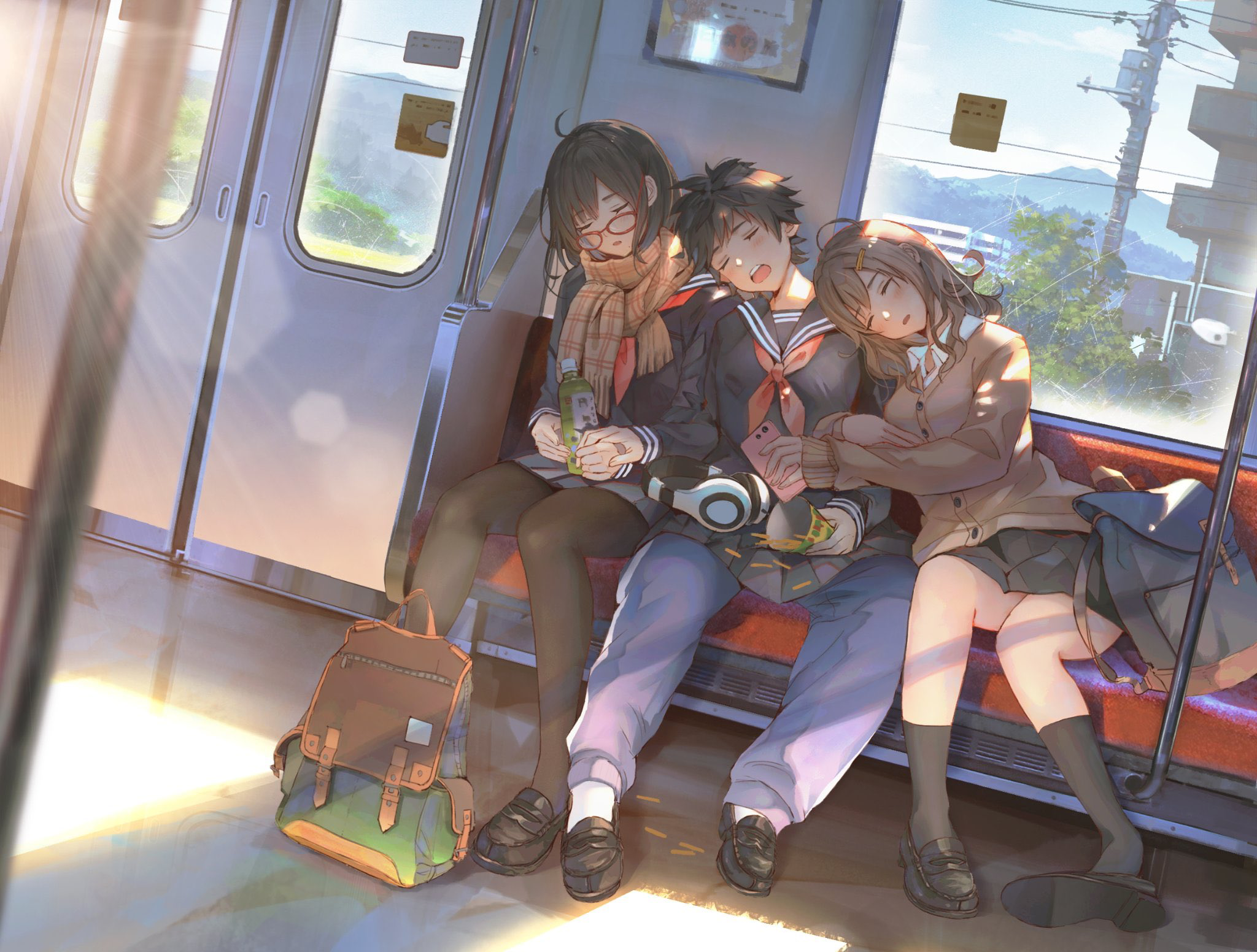 Anime Anime Girls Original Characters Sleeping School Uniform SHO Train Backpacks Headphones Glasses 2048x1552