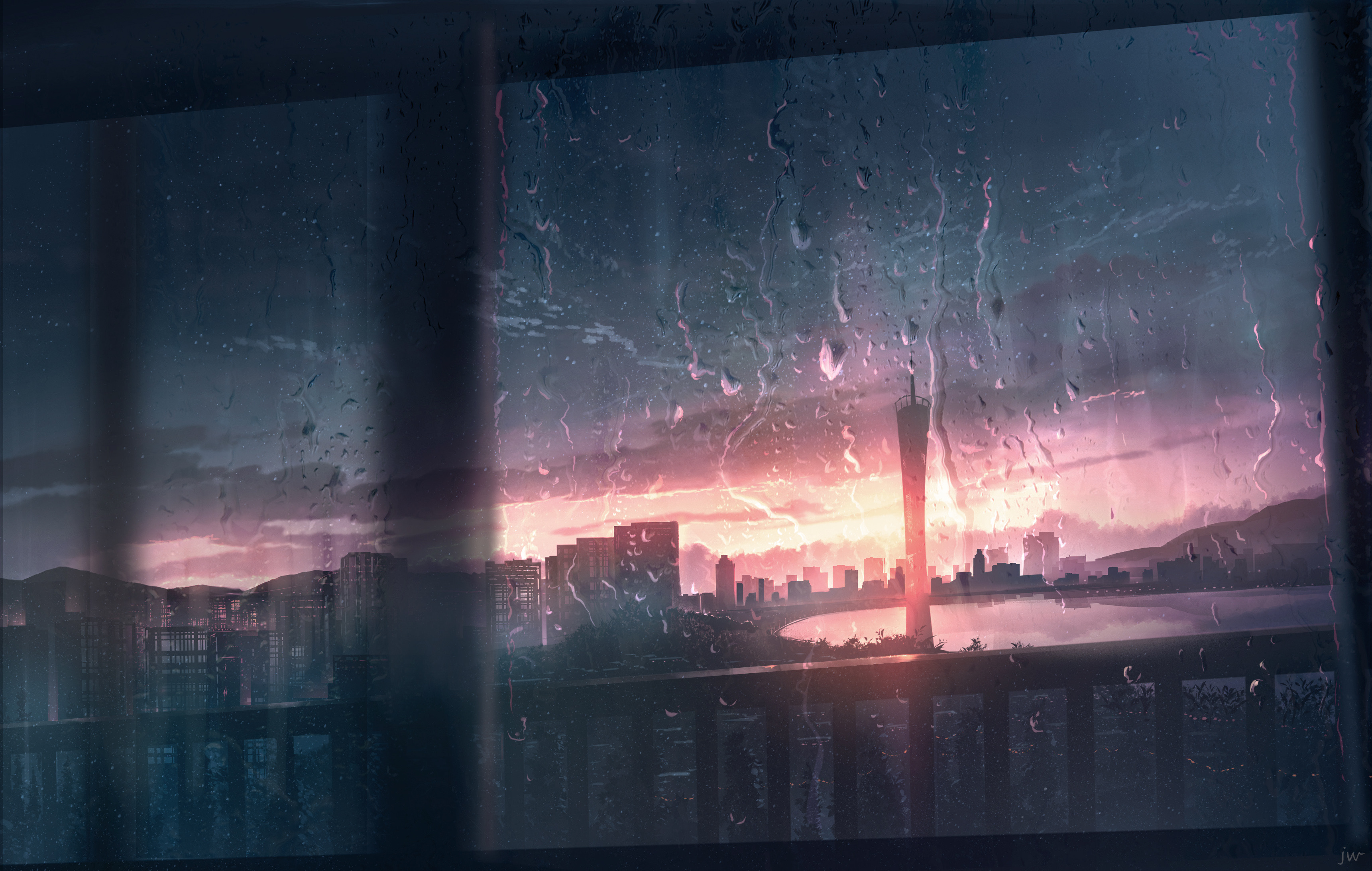 Anime Window Ledge Cityscape Rain Sky Sunset Skyrick9413 3442x2185