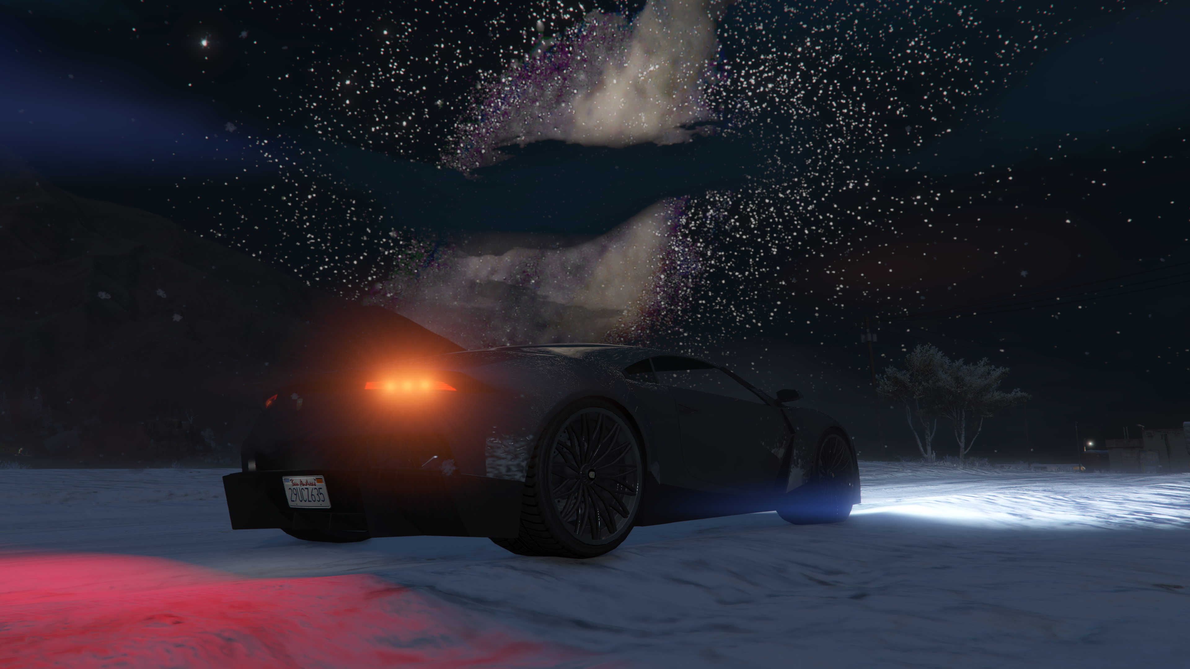 Grand Theft Auto V Mount Chiliad Milky Way Lamborghini Snow Dirt Road Night Night Sky 3840x2160