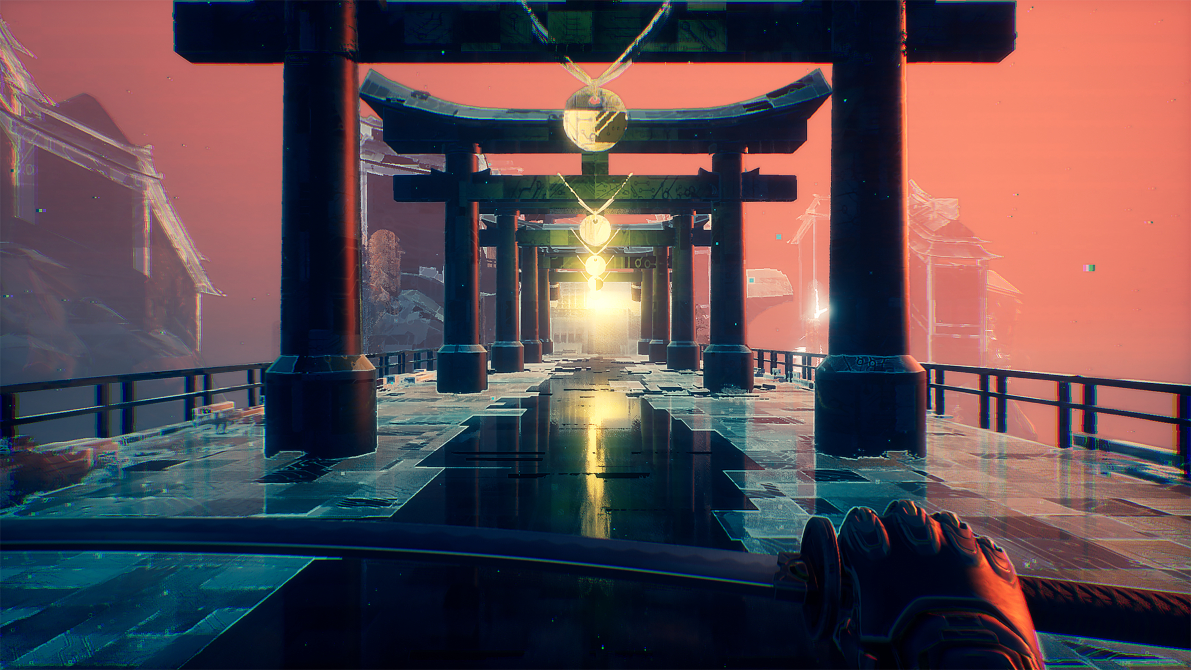 Video Games Screen Shot Ghostrunner Cyberpunk Katana Science Fiction Weapon Asian Architecture Gates 3840x2160