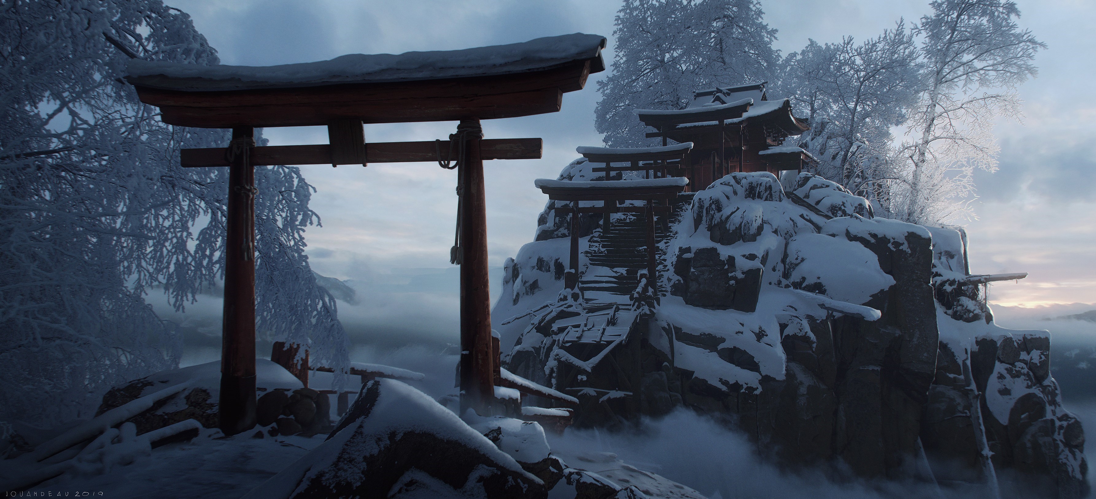 Romain Jouandeau Ghost Of Tsushima Temple Snow 3571x1627