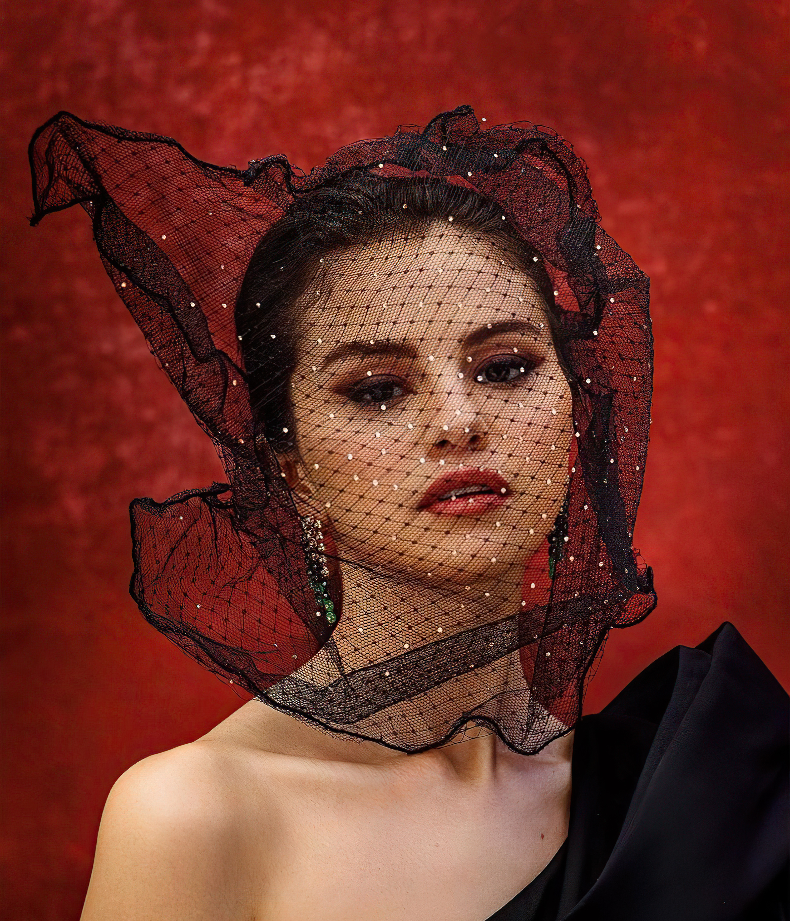 Selena Gomez Celebrity Actress Singer Women Dark Hair Brunette Latinas Veils Red Background Black Dr 3000x3500