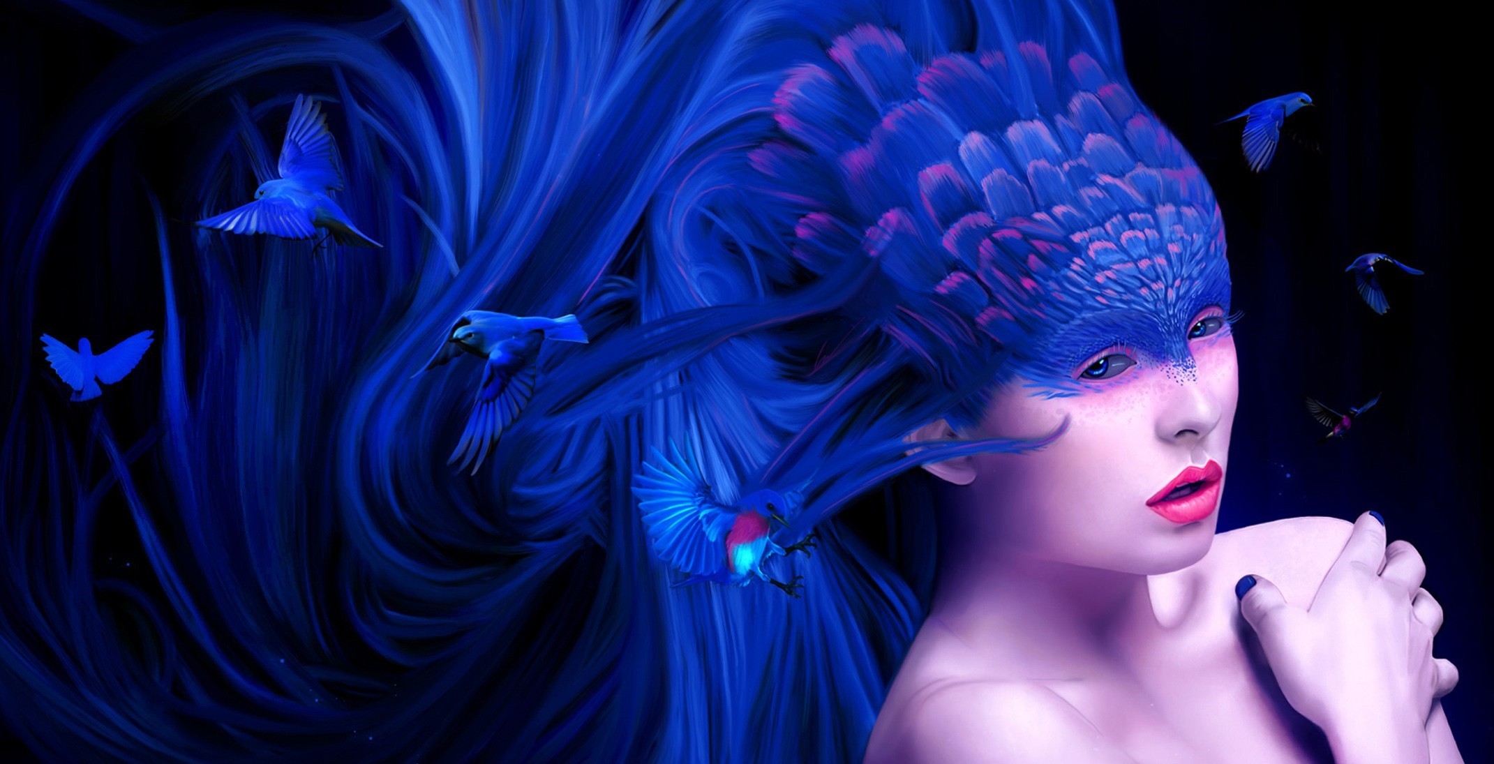 Bird Blue Blue Eyes Fantasy Feather Hair Woman 2141x1095