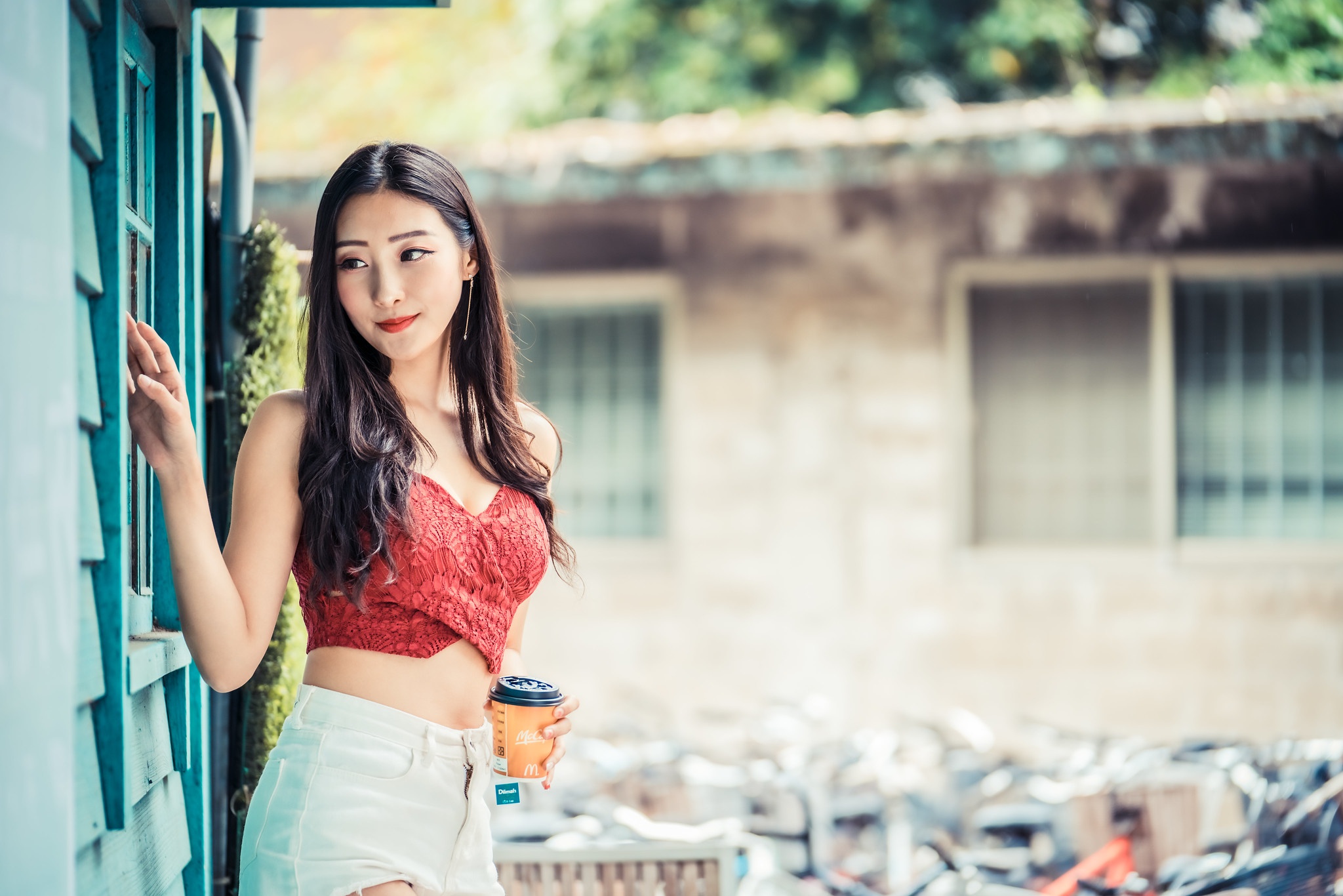 Asian Women Model Long Hair Brunette Red Tops Coffee Cup Leaning Building Window Shorts Earring Bicy 2048x1366